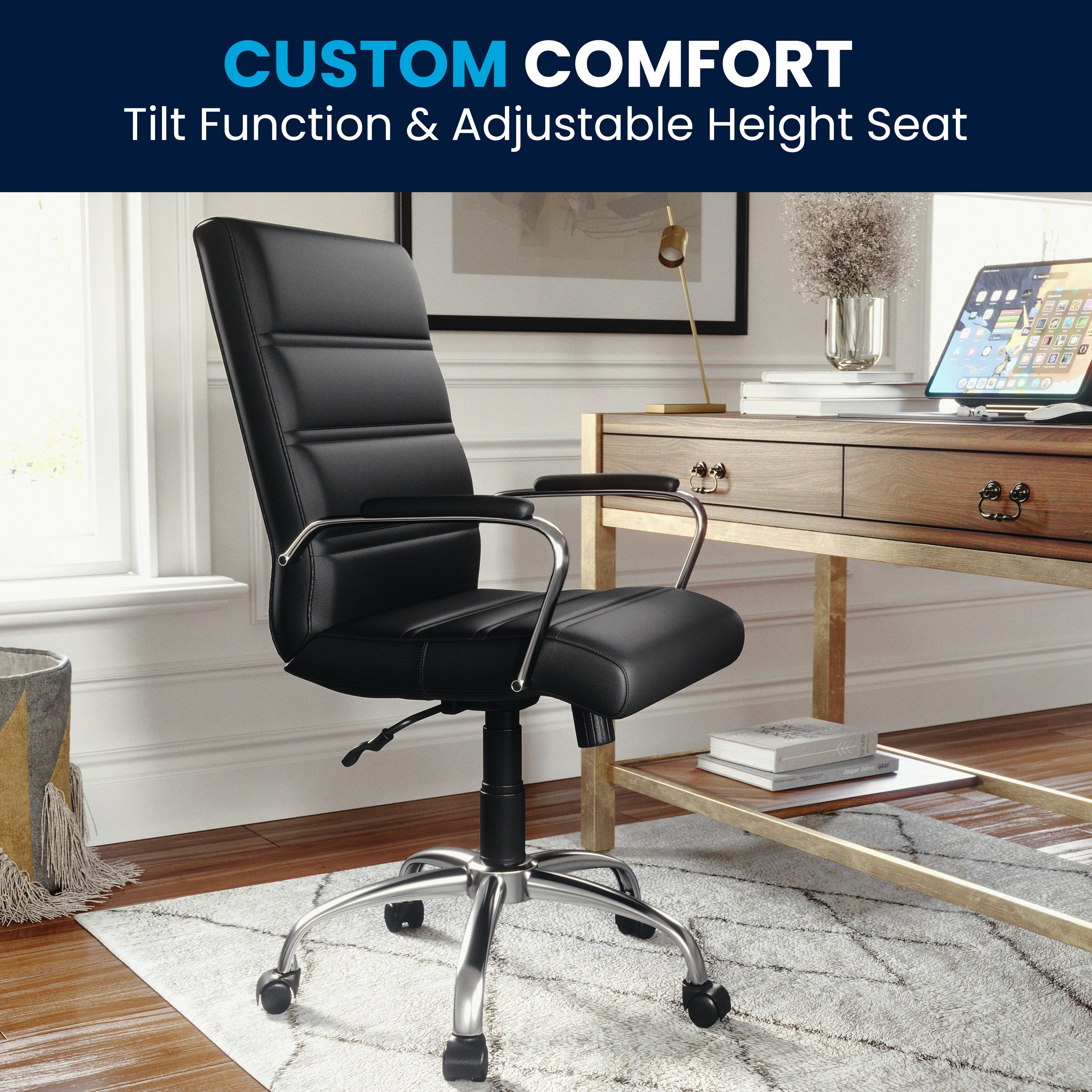Whitney Mid-Back Black LeatherSoft Executive Swivel Office Chair with Chrome Frame and Arms