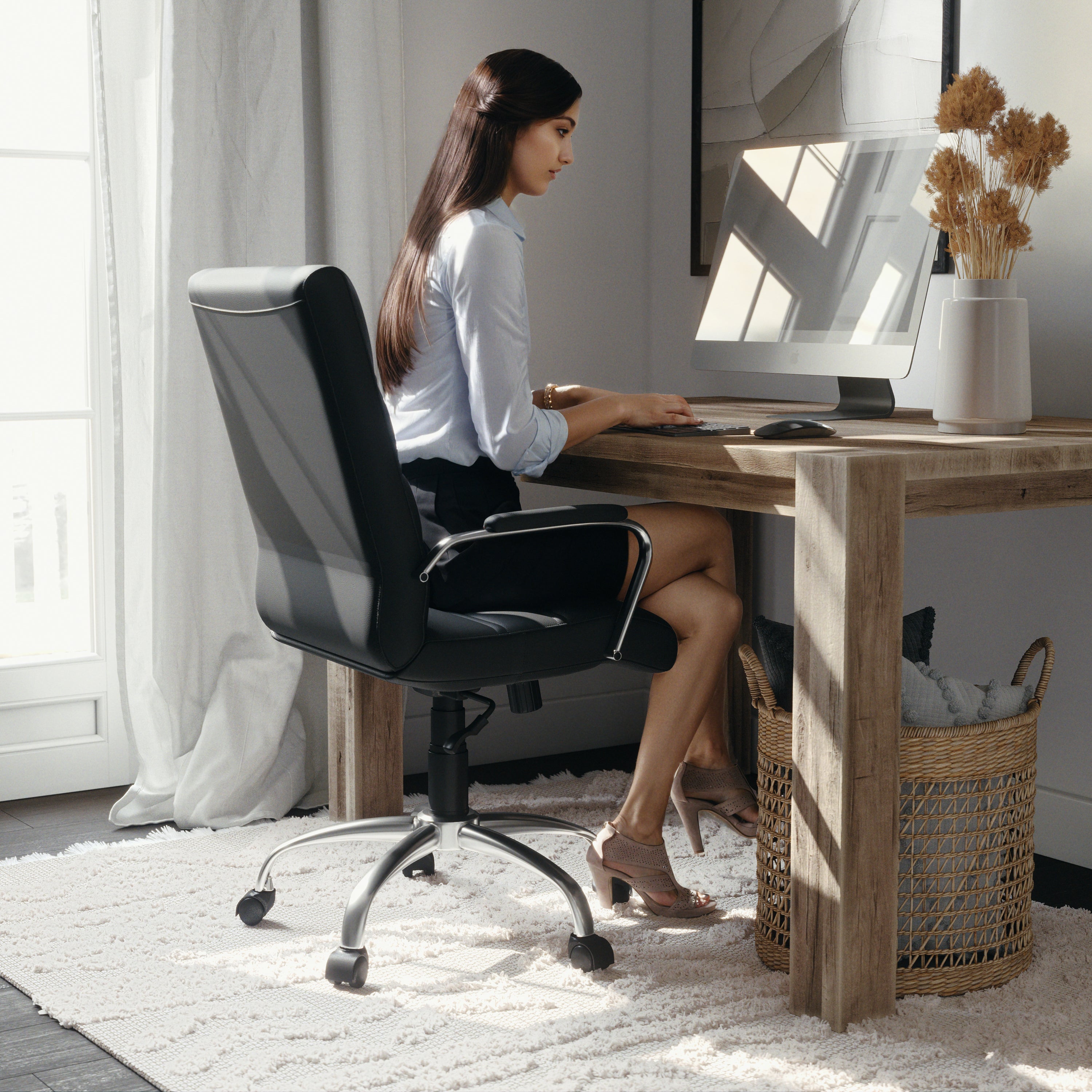 Whitney Mid-Back Black LeatherSoft Executive Swivel Office Chair with Chrome Frame and Arms
