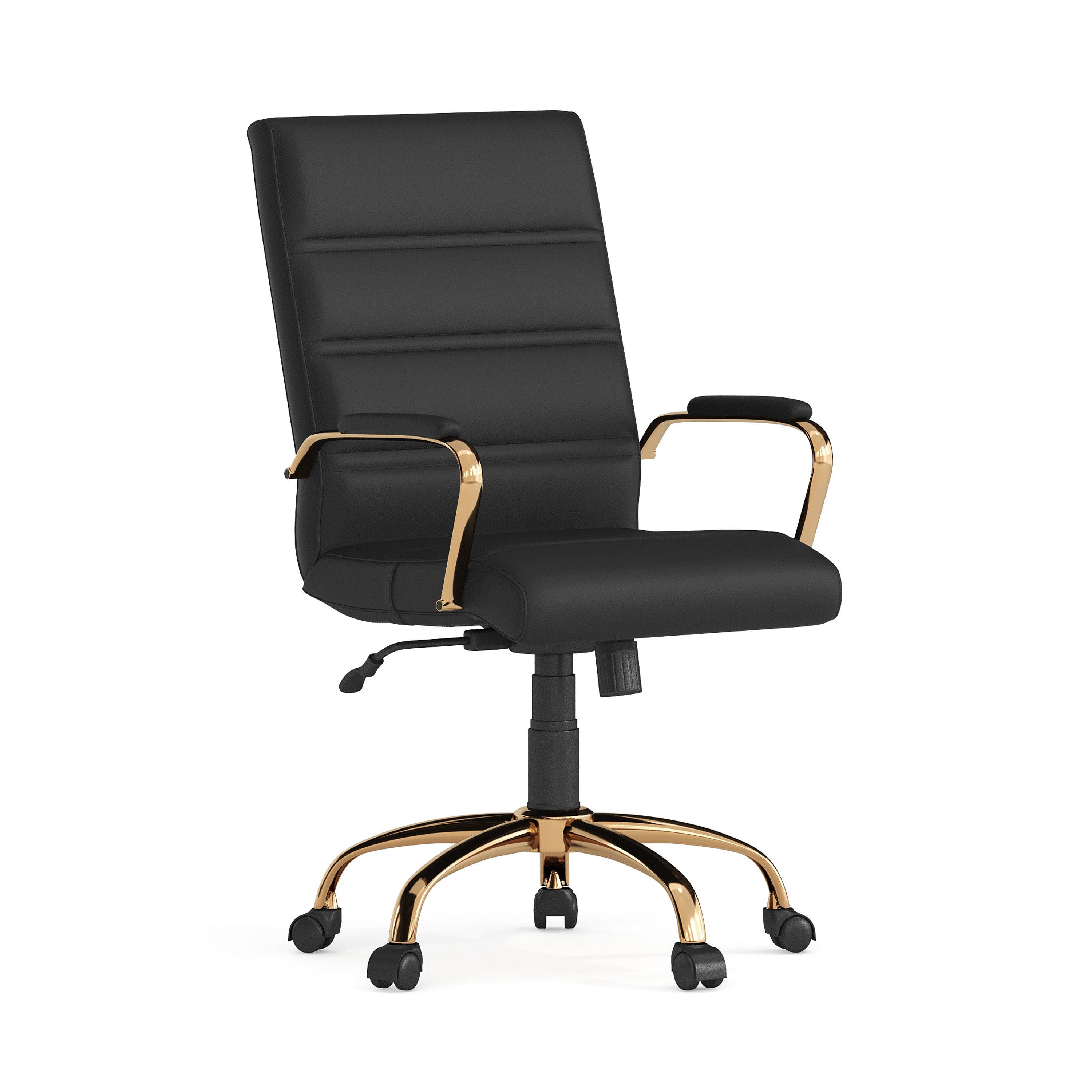 Whitney Mid-Back Black LeatherSoft Executive Swivel Office Chair with Gold Frame and Arms