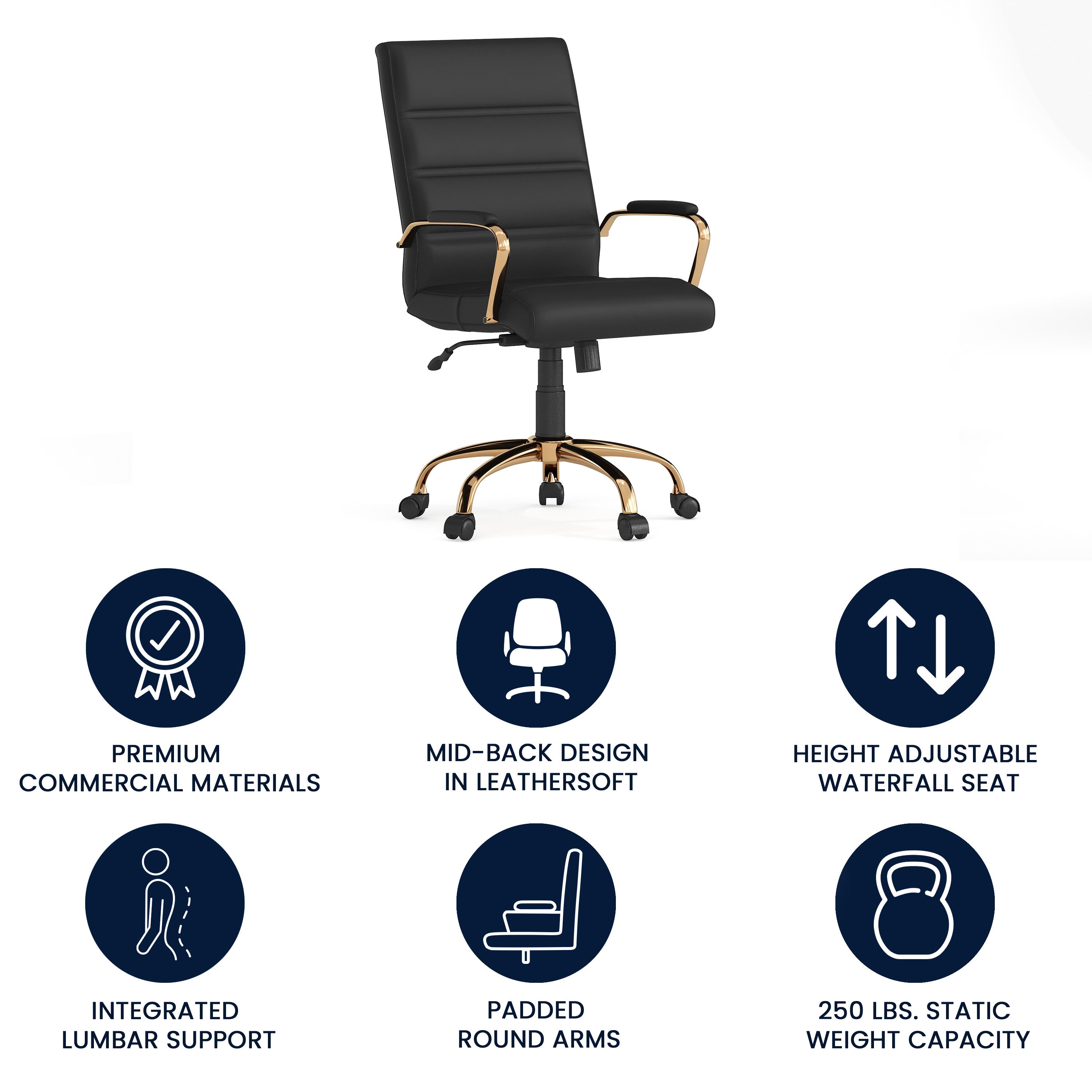 Whitney Mid-Back Black LeatherSoft Executive Swivel Office Chair with Gold Frame and Arms
