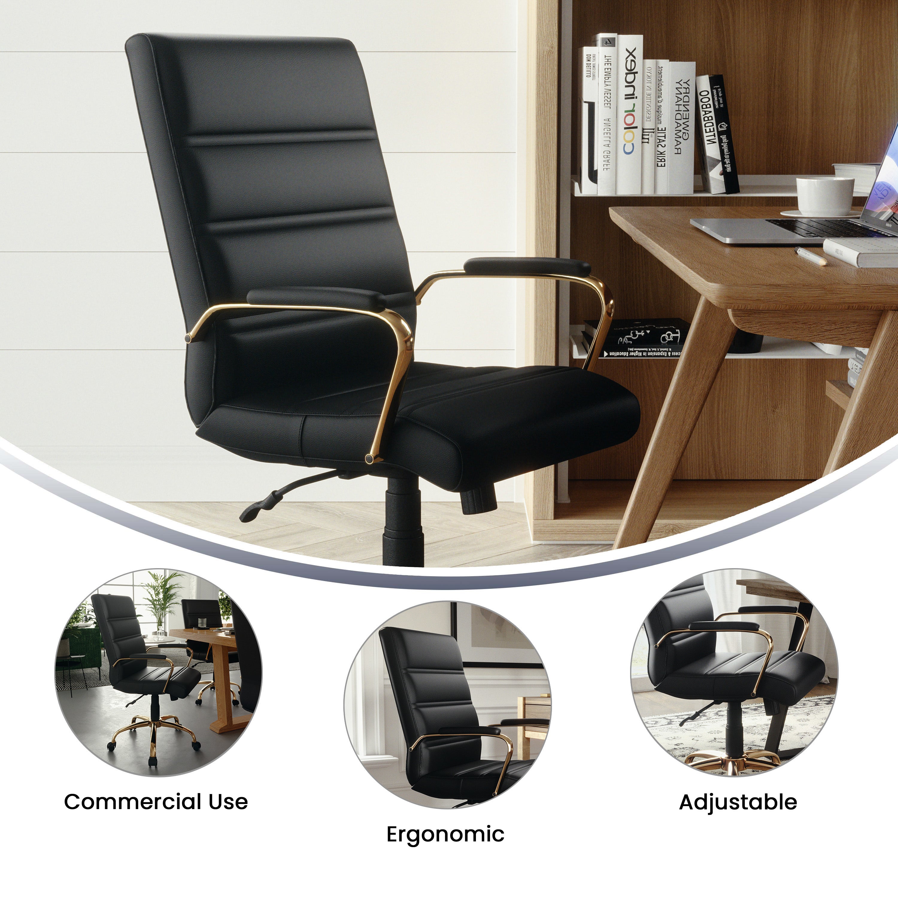 Whitney Mid-Back Black LeatherSoft Executive Swivel Office Chair with Gold Frame and Arms