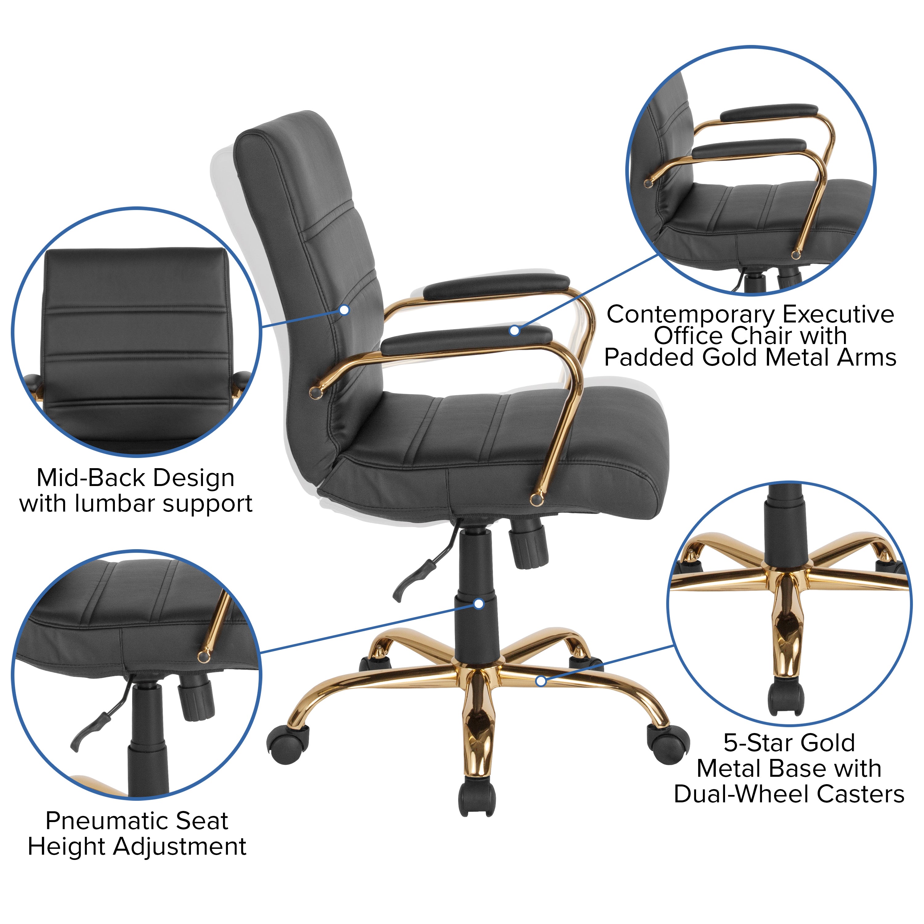 Whitney Mid-Back Black LeatherSoft Executive Swivel Office Chair with Gold Frame and Arms