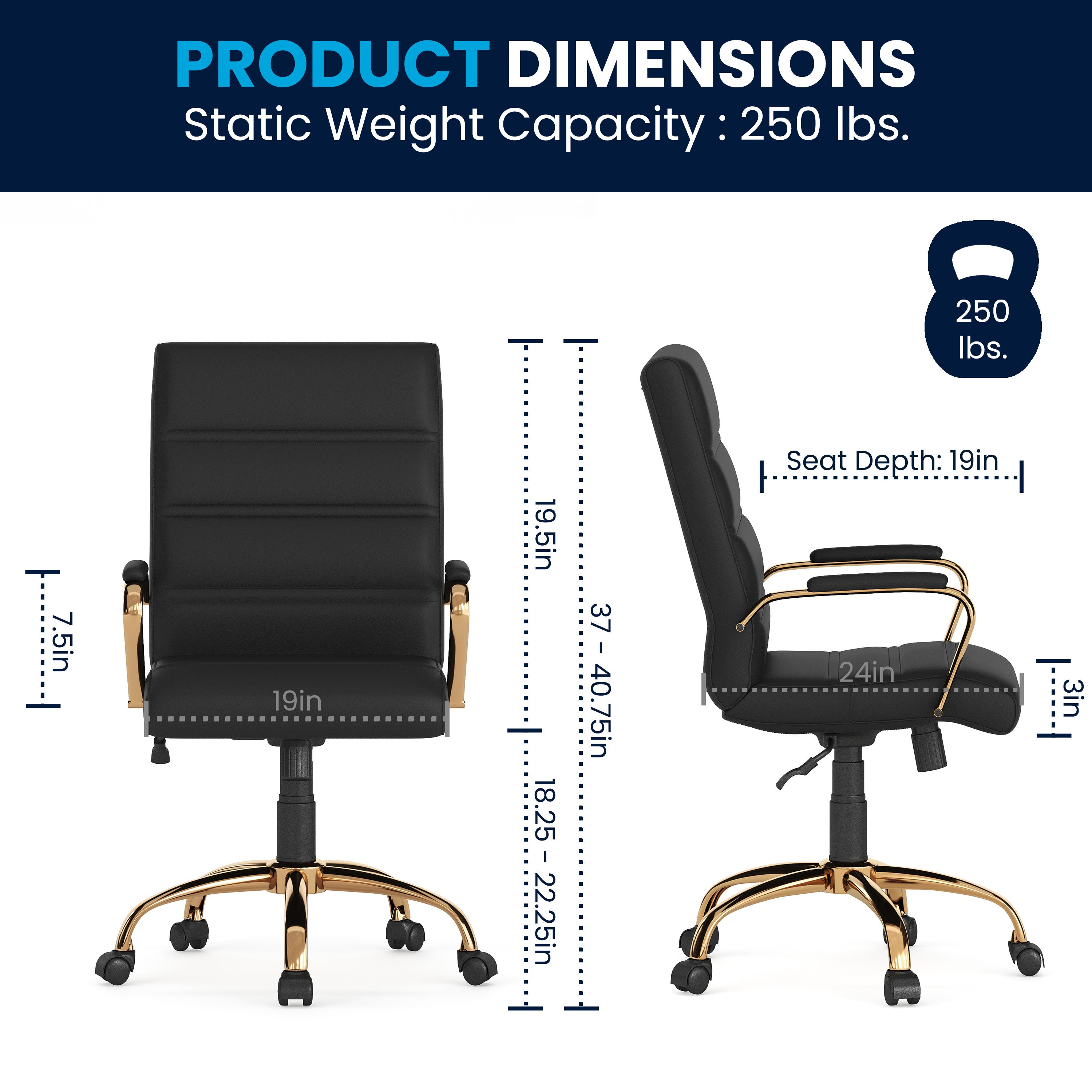 Whitney Mid-Back Black LeatherSoft Executive Swivel Office Chair with Gold Frame and Arms