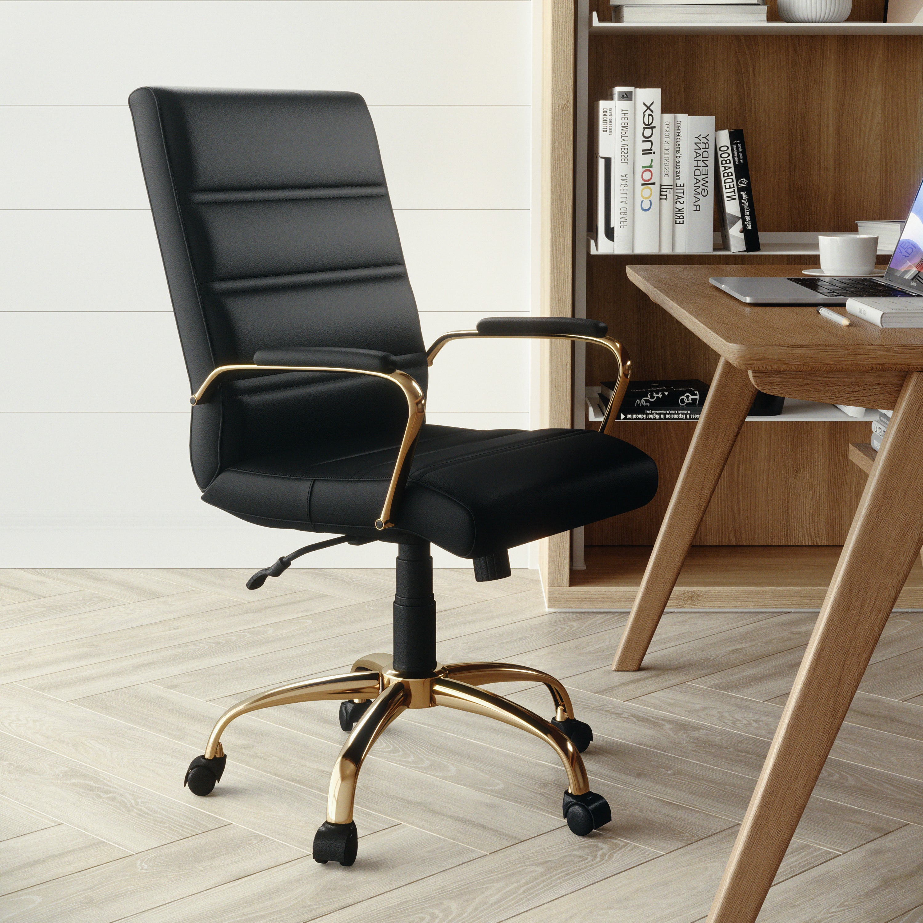 Whitney Mid-Back Black LeatherSoft Executive Swivel Office Chair with Gold Frame and Arms