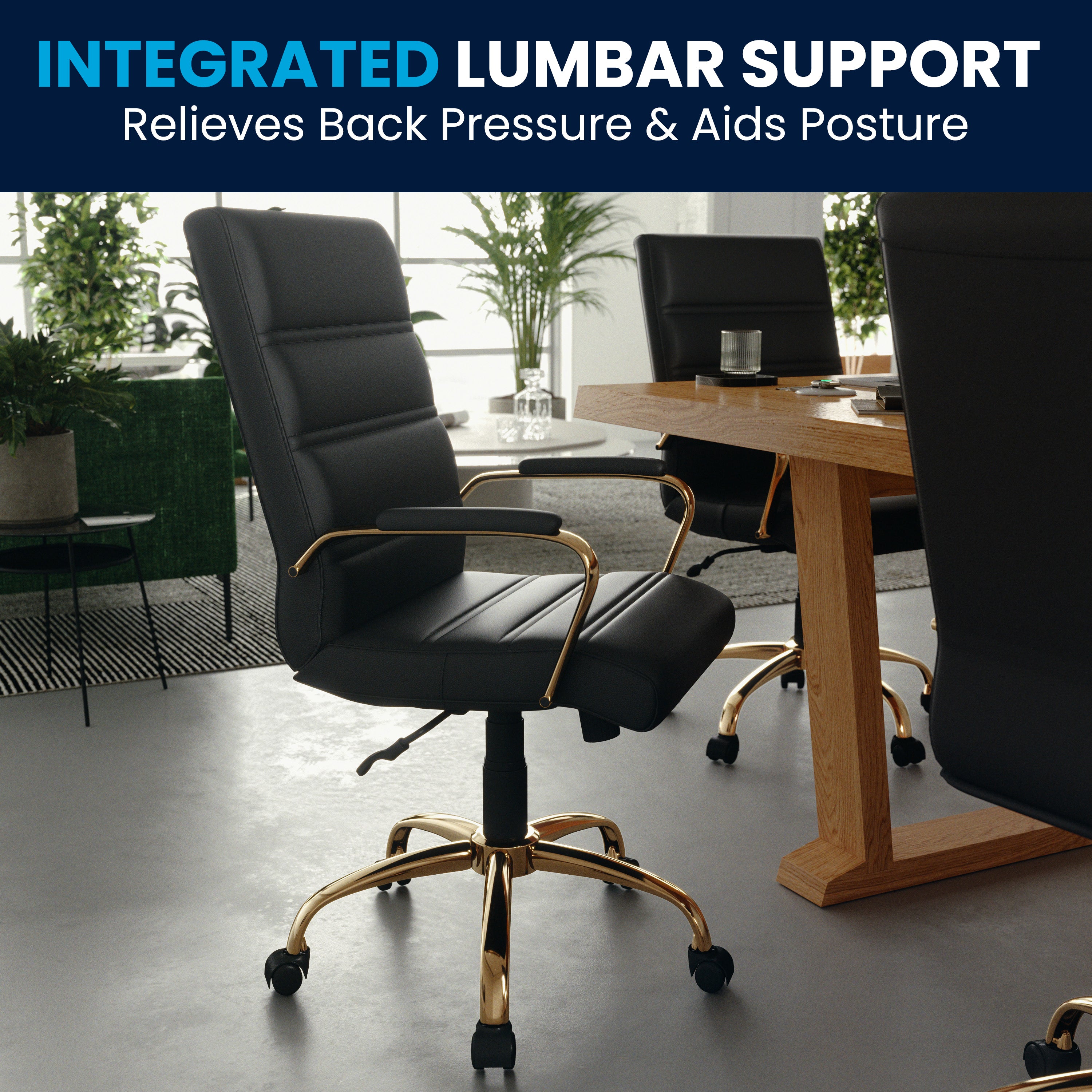 Whitney Mid-Back Black LeatherSoft Executive Swivel Office Chair with Gold Frame and Arms