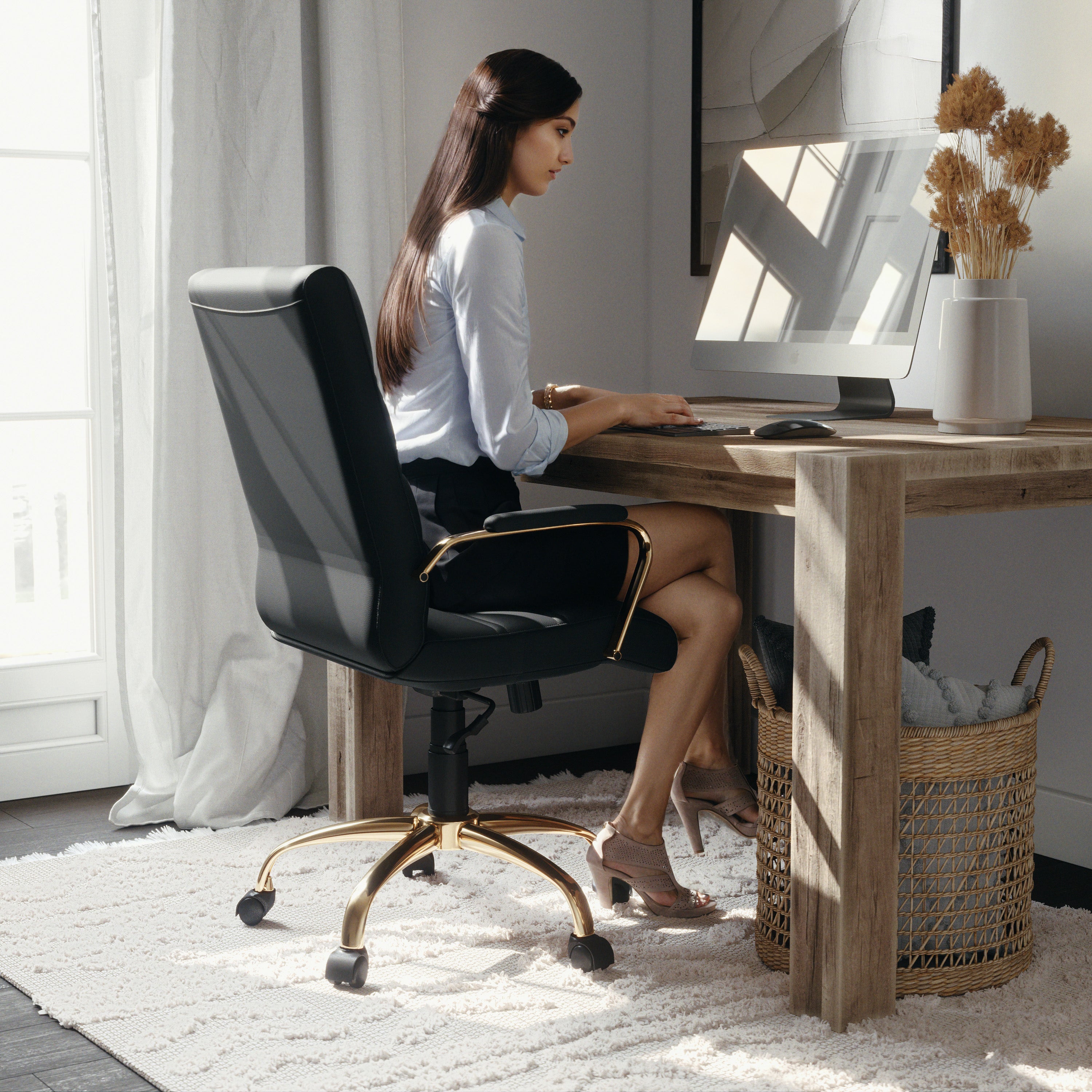 Whitney Mid-Back Black LeatherSoft Executive Swivel Office Chair with Gold Frame and Arms