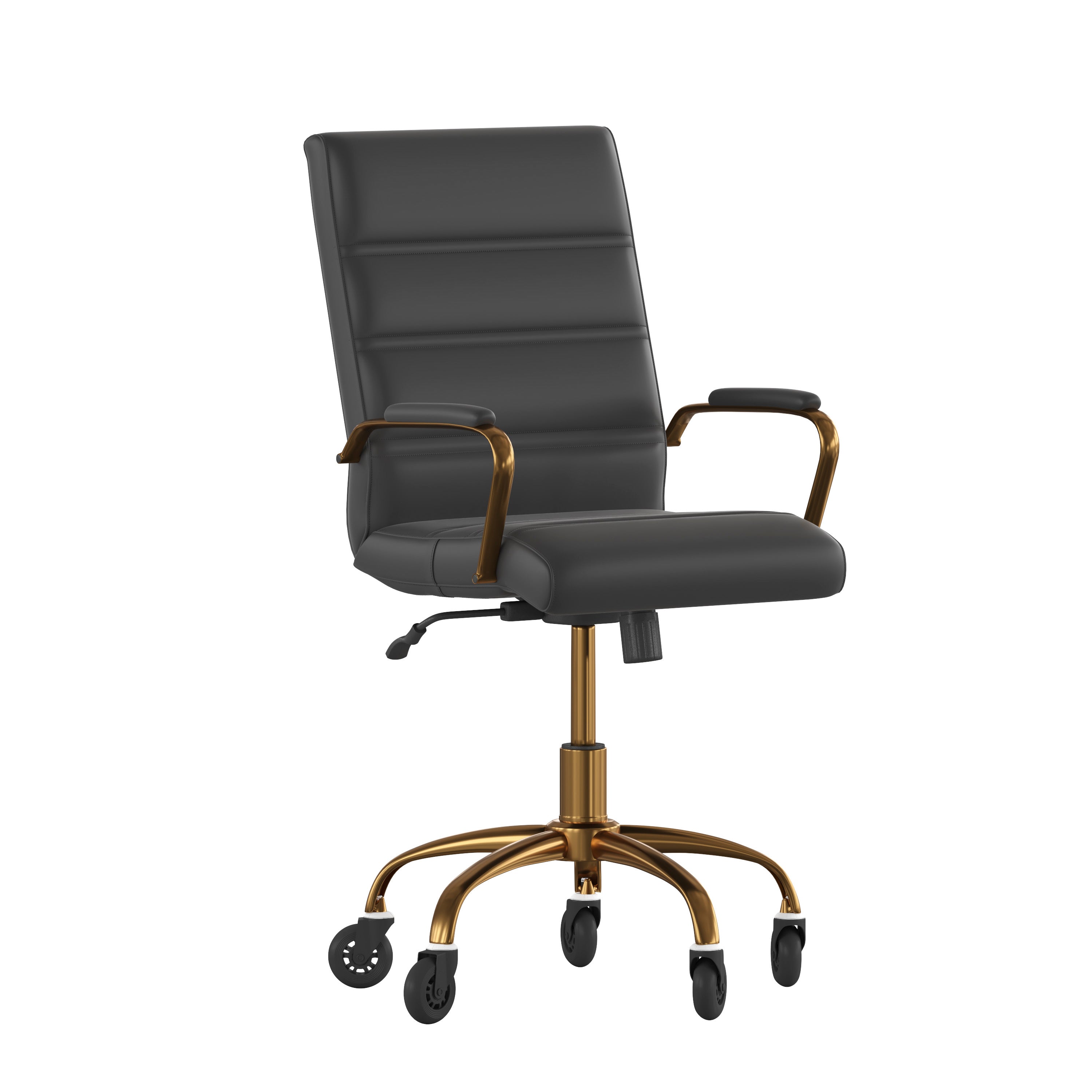 Camilia Mid-Back Black LeatherSoft Executive Swivel Office Chair with Gold Frame, Arms, and Transparent Roller Wheels