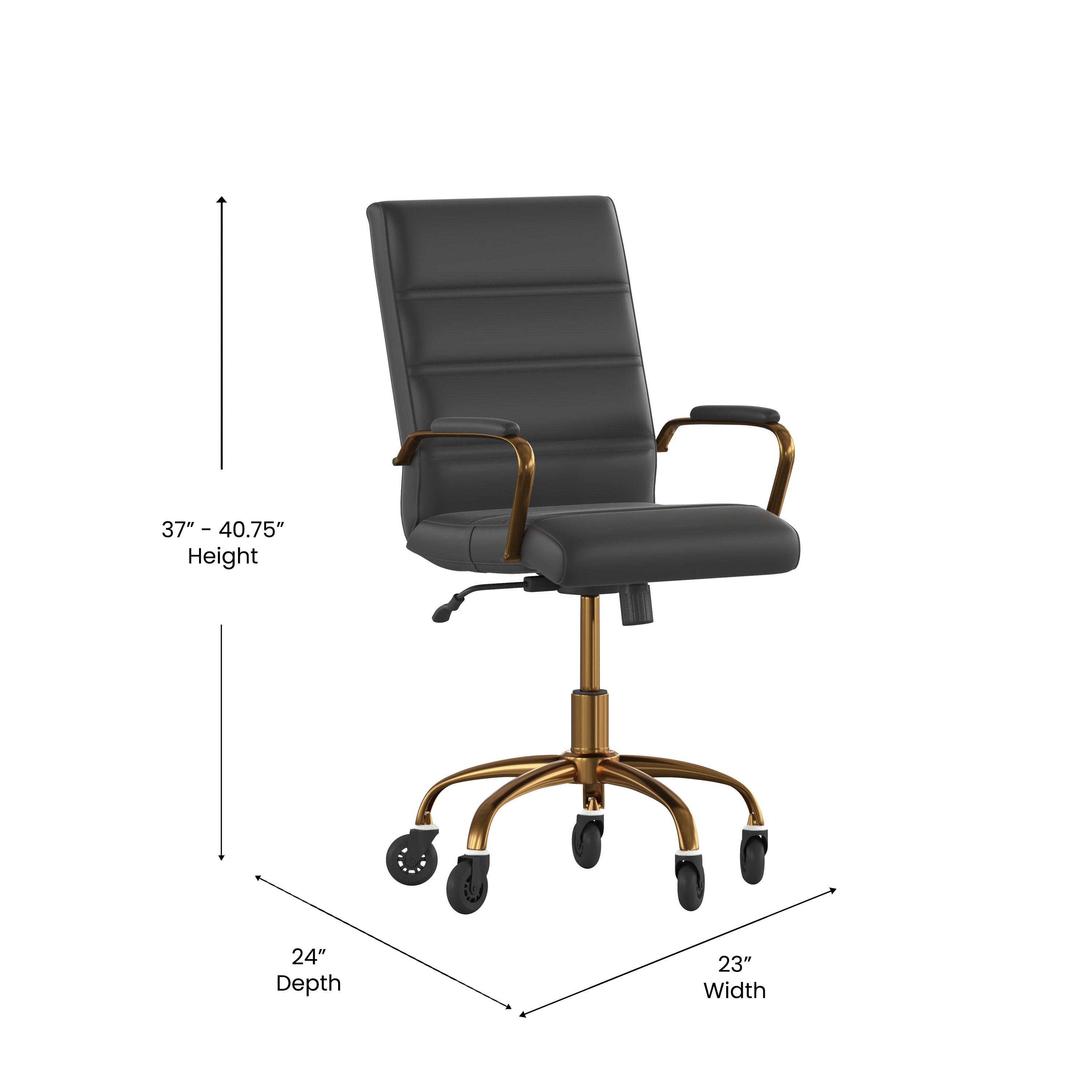 Camilia Mid-Back Black LeatherSoft Executive Swivel Office Chair with Gold Frame, Arms, and Transparent Roller Wheels