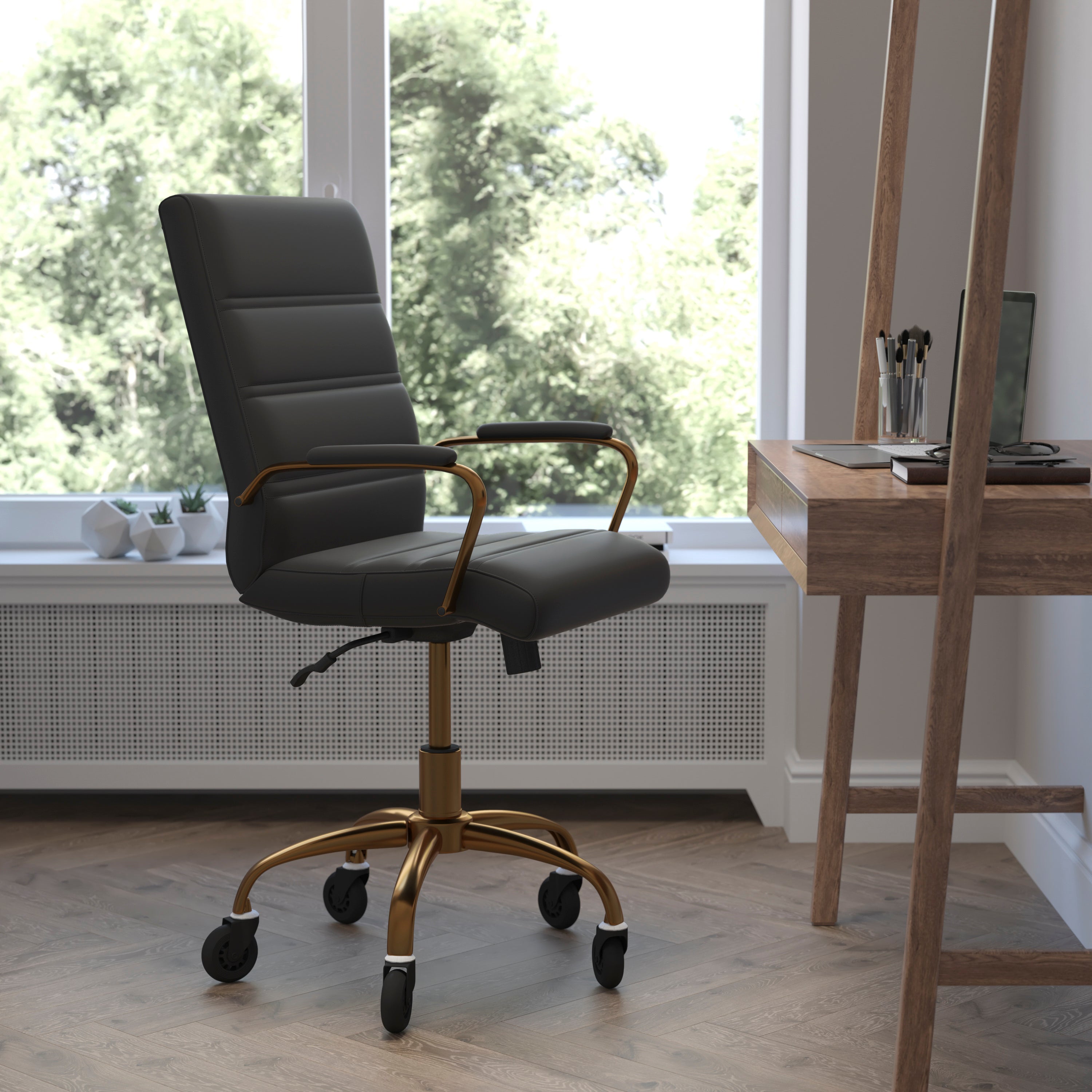 Camilia Mid-Back Black LeatherSoft Executive Swivel Office Chair with Gold Frame, Arms, and Transparent Roller Wheels