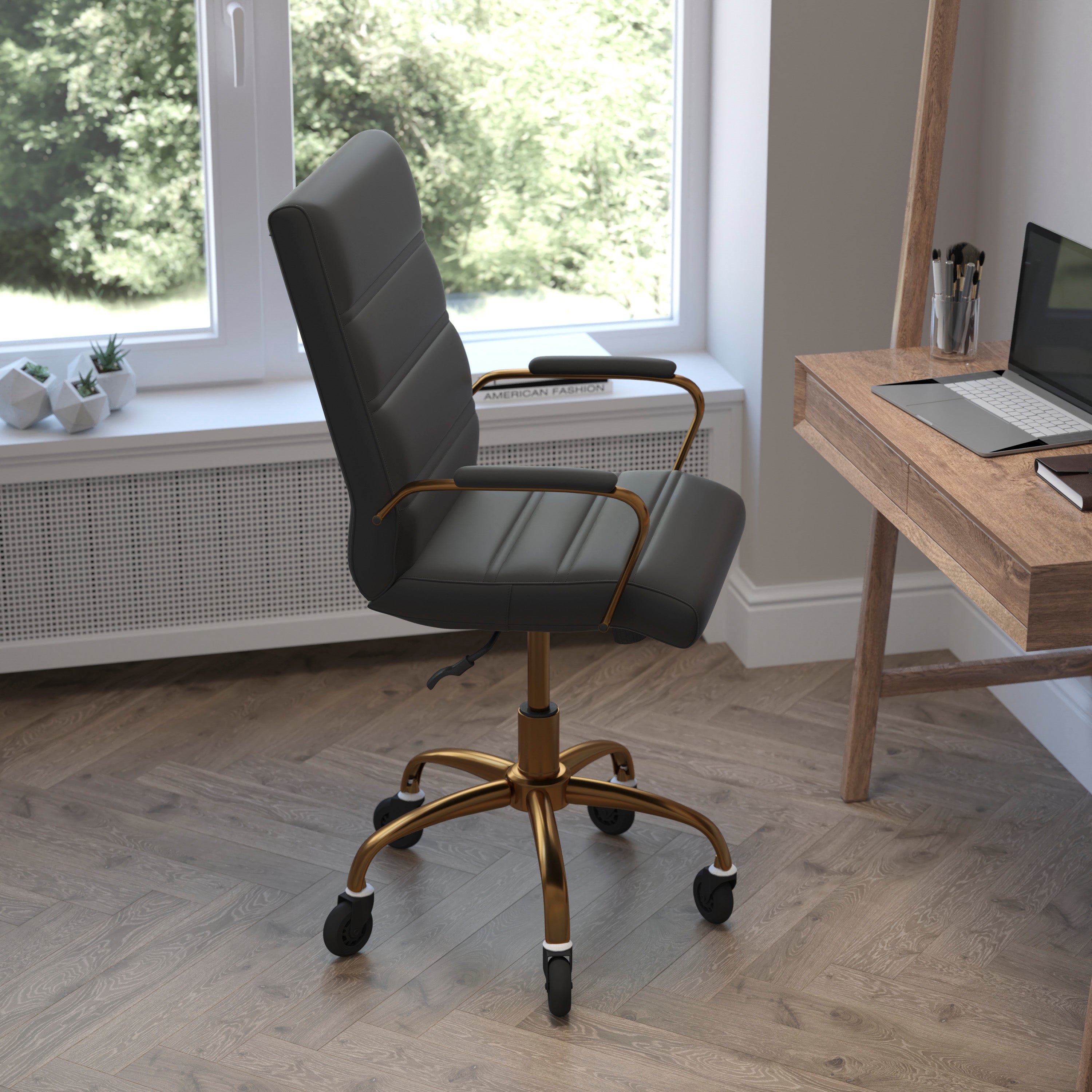 Camilia Mid-Back Black LeatherSoft Executive Swivel Office Chair with Gold Frame, Arms, and Transparent Roller Wheels