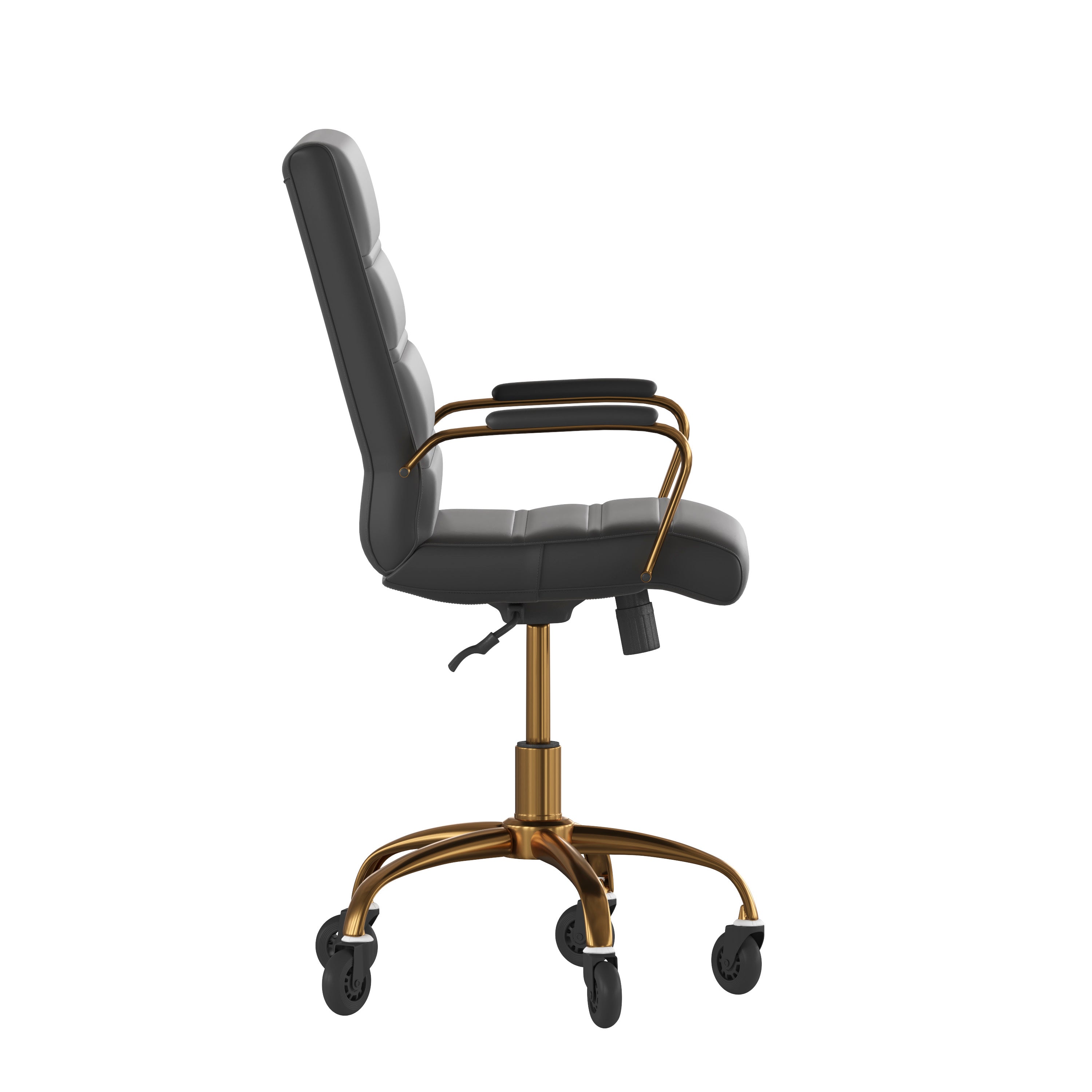 Camilia Mid-Back Black LeatherSoft Executive Swivel Office Chair with Gold Frame, Arms, and Transparent Roller Wheels