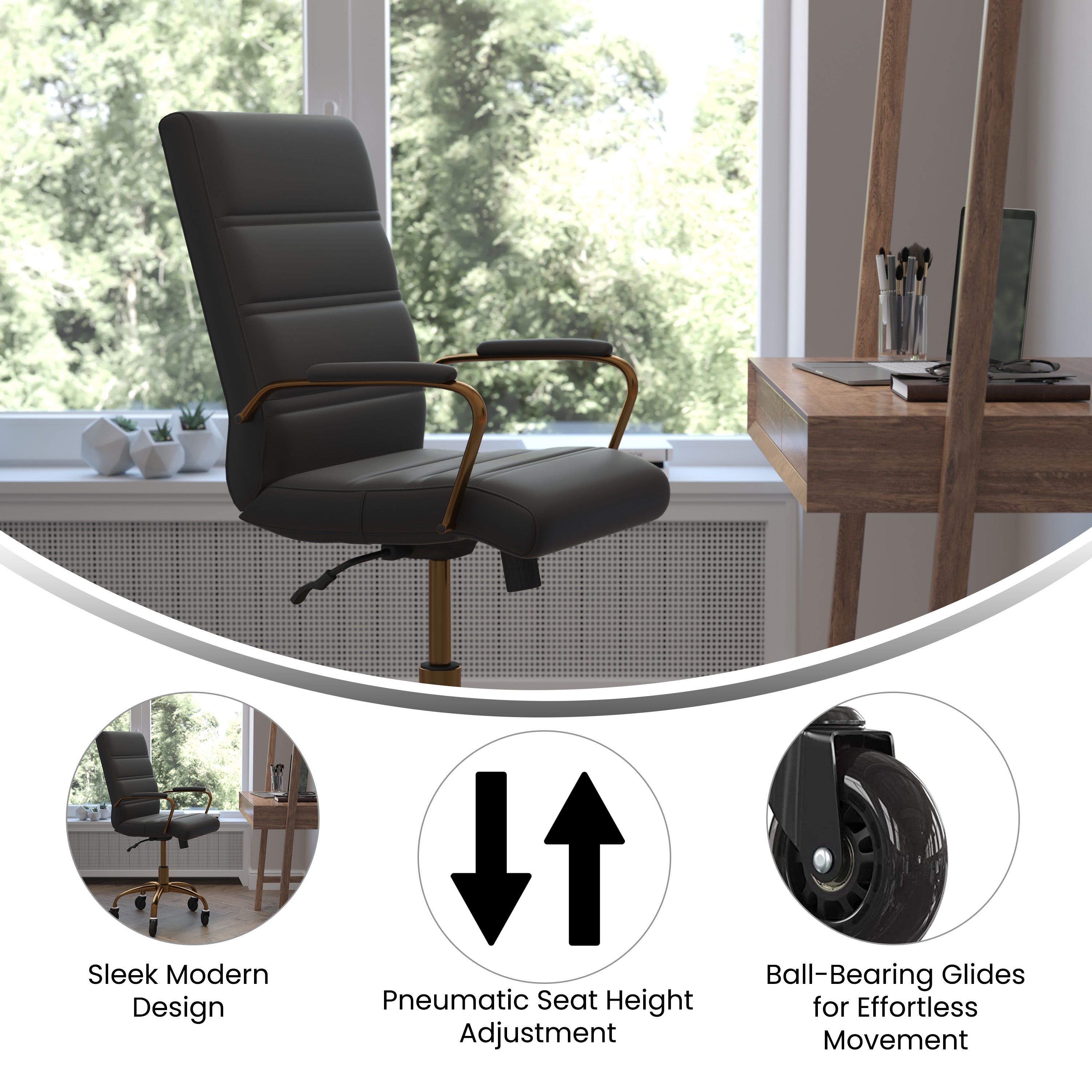 Camilia Mid-Back Black LeatherSoft Executive Swivel Office Chair with Gold Frame, Arms, and Transparent Roller Wheels