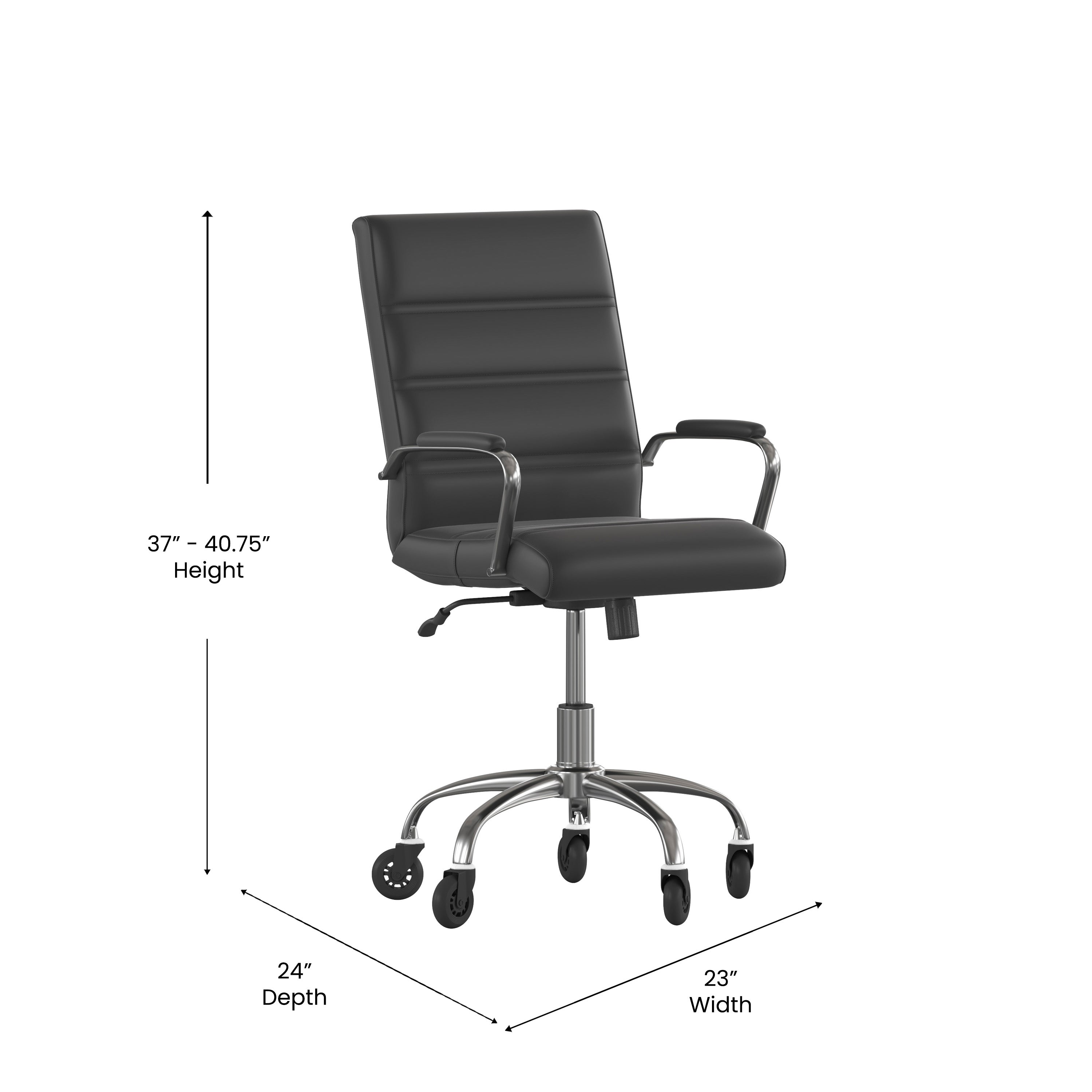 Camilia Mid-Back Black LeatherSoft Executive Swivel Office Chair with Chrome Frame, Arms, and Transparent Roller Wheels