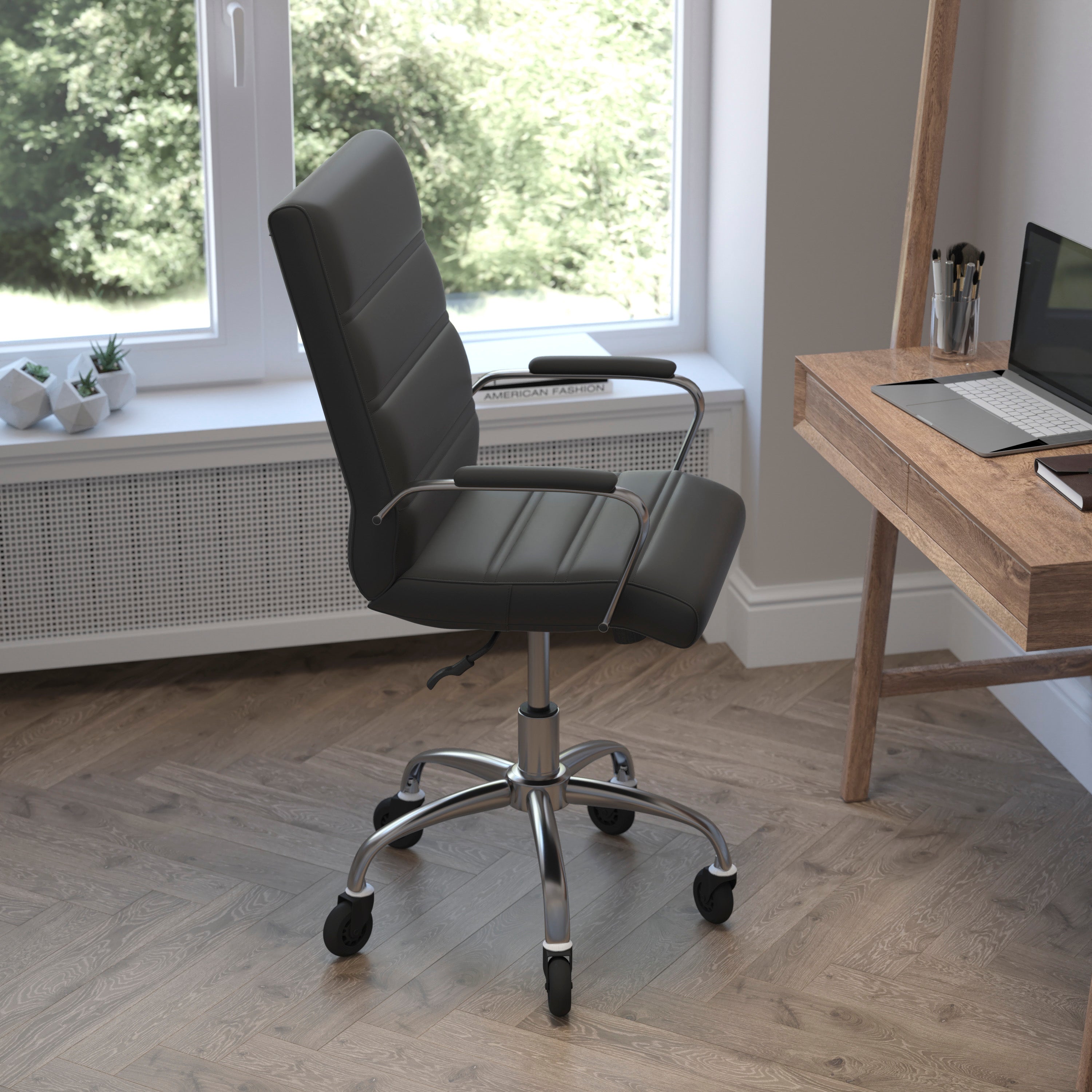 Camilia Mid-Back Black LeatherSoft Executive Swivel Office Chair with Chrome Frame, Arms, and Transparent Roller Wheels