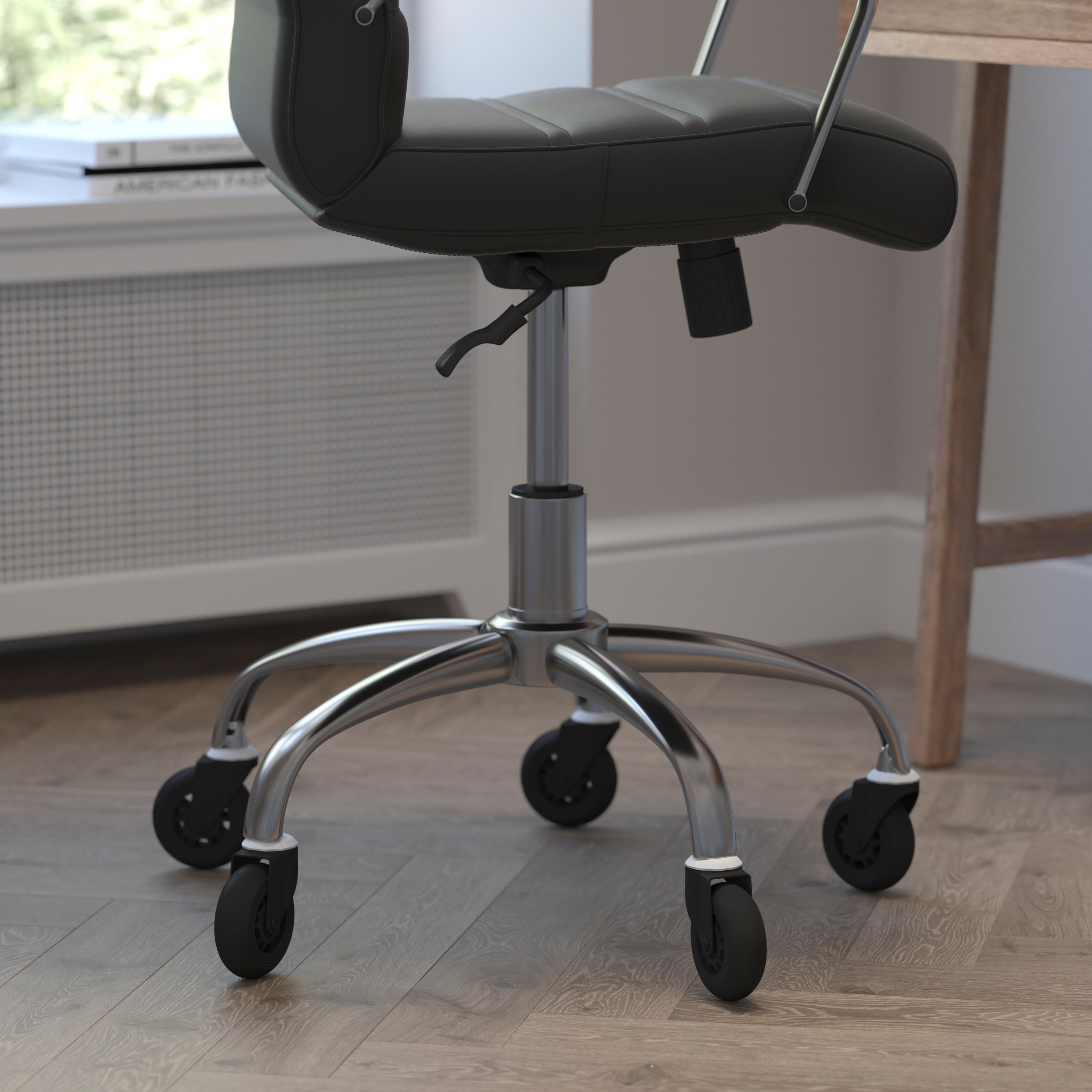 Camilia Mid-Back Black LeatherSoft Executive Swivel Office Chair with Chrome Frame, Arms, and Transparent Roller Wheels