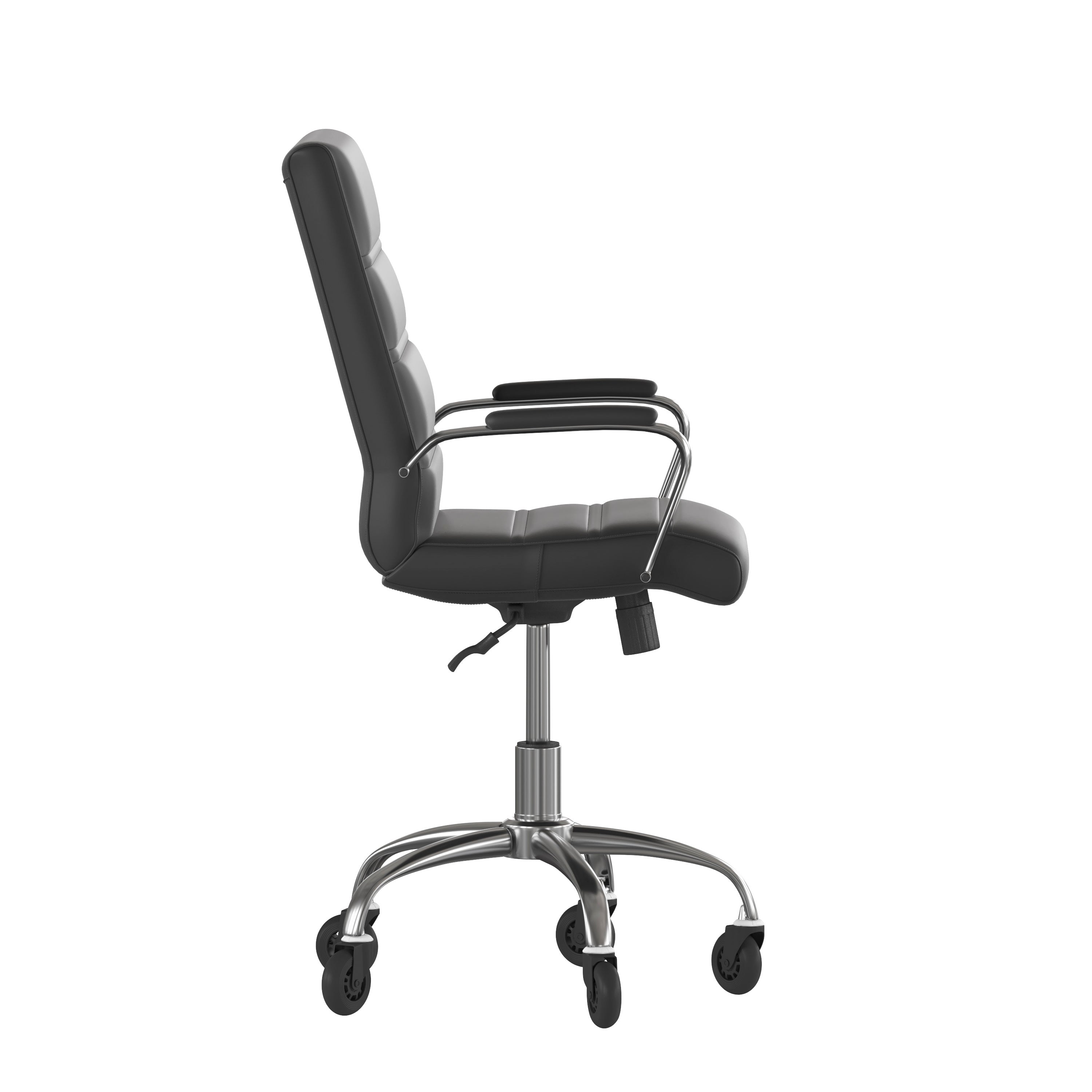 Camilia Mid-Back Black LeatherSoft Executive Swivel Office Chair with Chrome Frame, Arms, and Transparent Roller Wheels