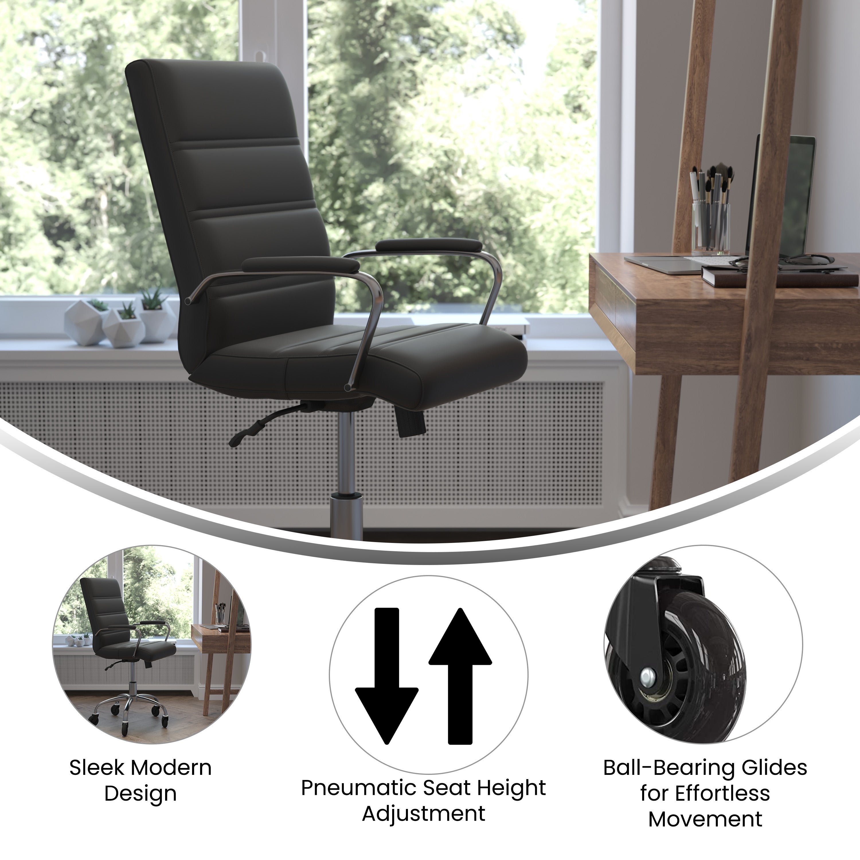 Camilia Mid-Back Black LeatherSoft Executive Swivel Office Chair with Chrome Frame, Arms, and Transparent Roller Wheels