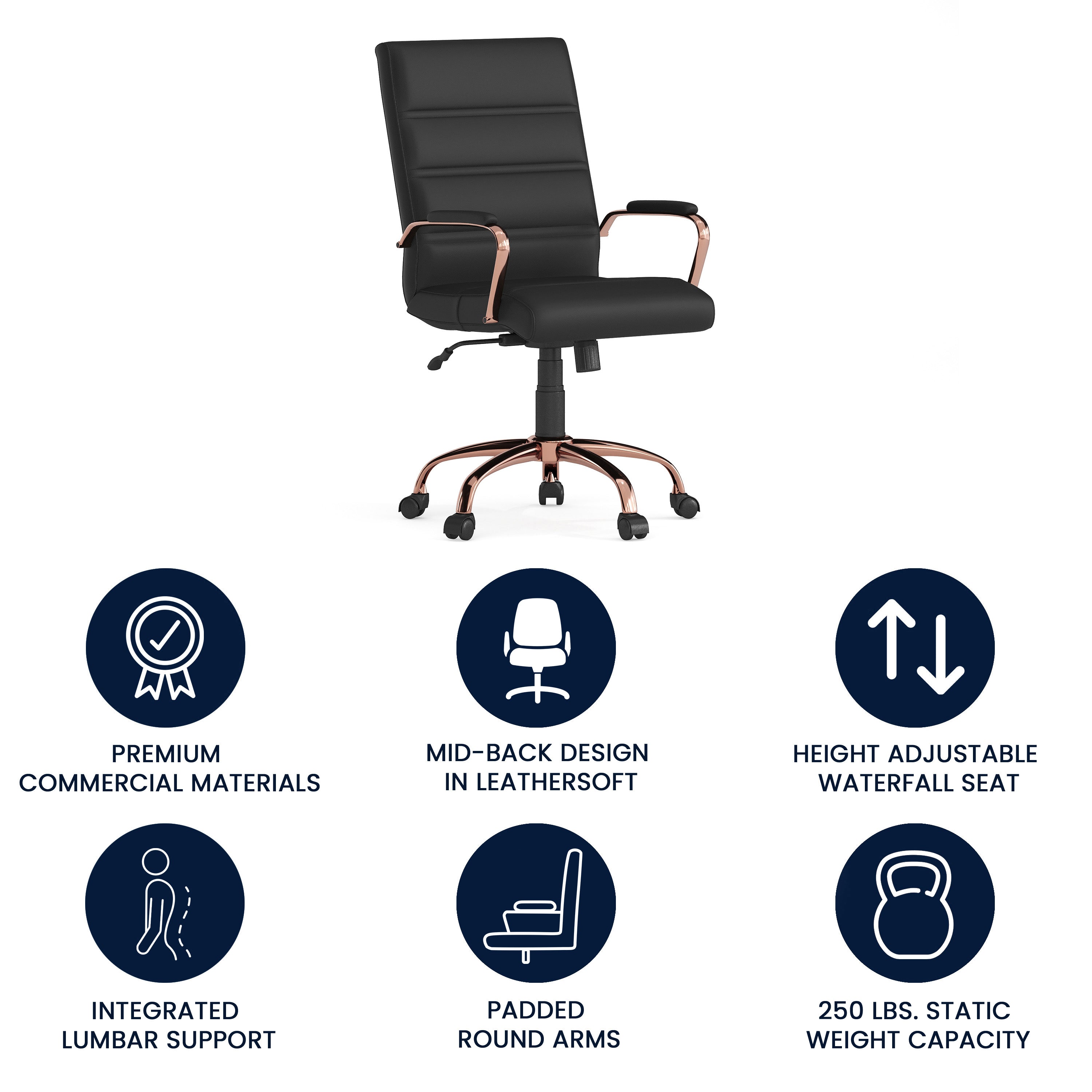 Whitney Mid-Back Black LeatherSoft Executive Swivel Office Chair with Rose Gold Frame and Arms