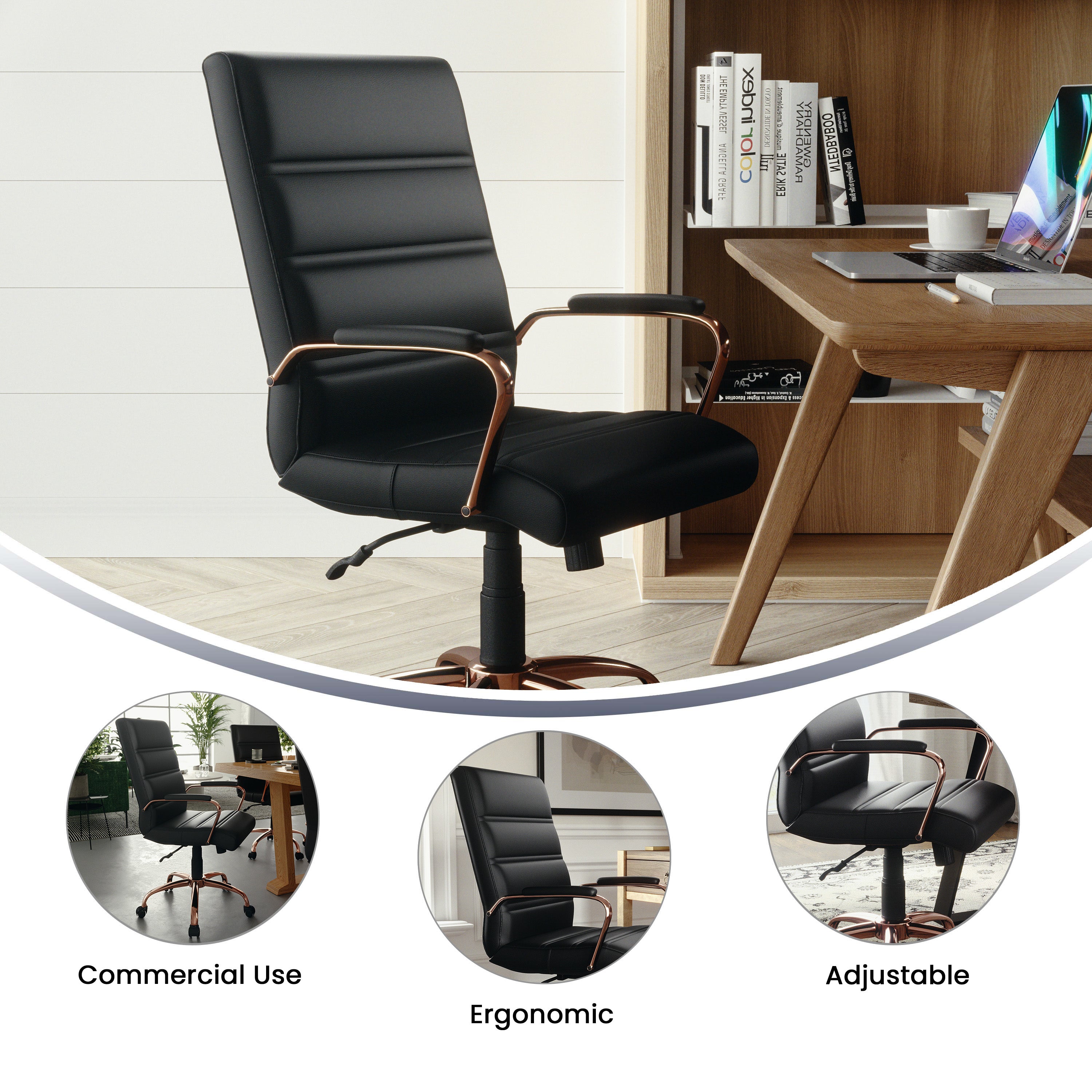 Whitney Mid-Back Black LeatherSoft Executive Swivel Office Chair with Rose Gold Frame and Arms