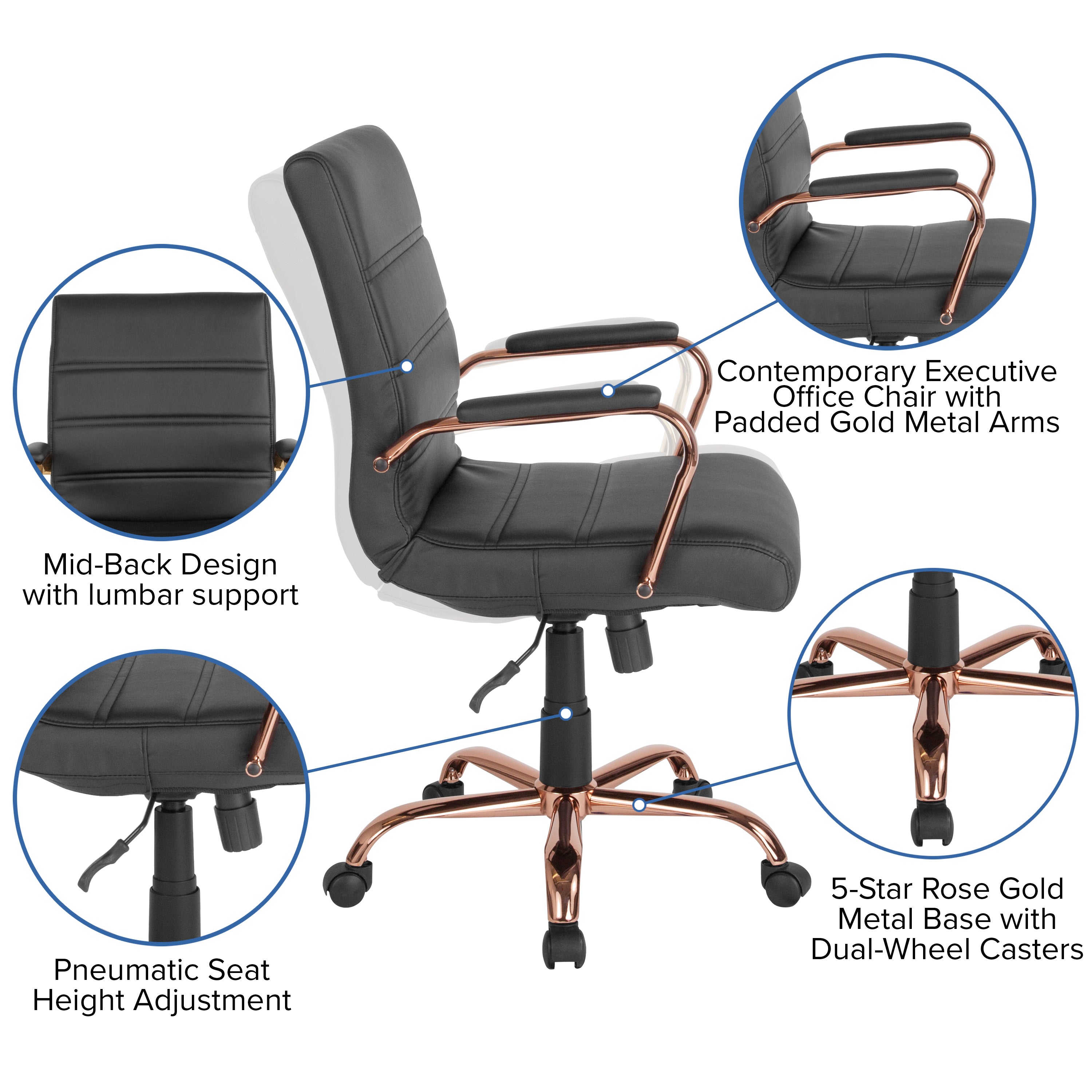 Whitney Mid-Back Black LeatherSoft Executive Swivel Office Chair with Rose Gold Frame and Arms