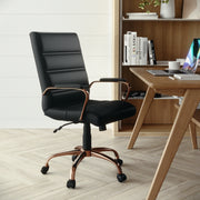 Whitney Mid-Back Black LeatherSoft Executive Swivel Office Chair with Rose Gold Frame and Arms