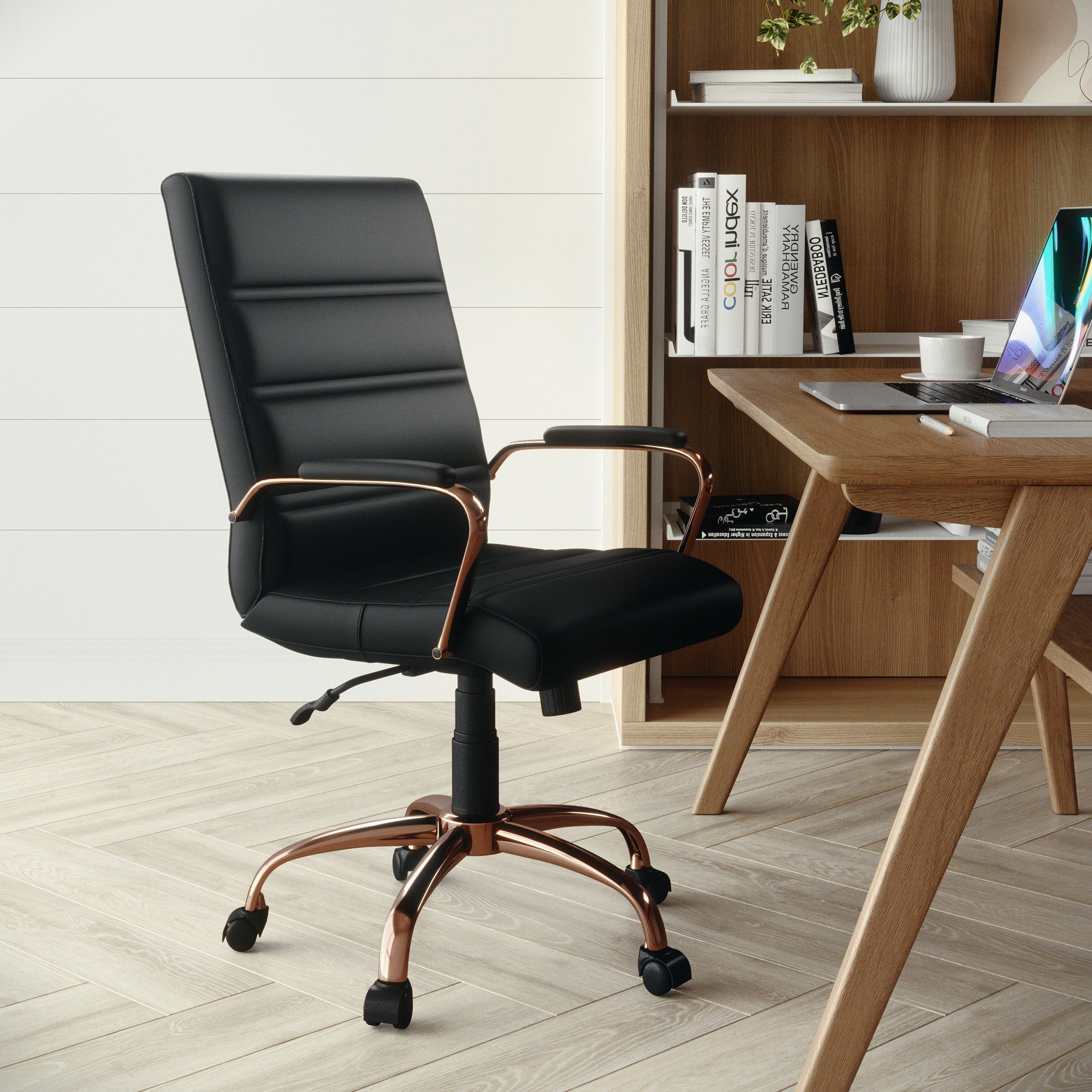 Whitney Mid-Back Black LeatherSoft Executive Swivel Office Chair with Rose Gold Frame and Arms