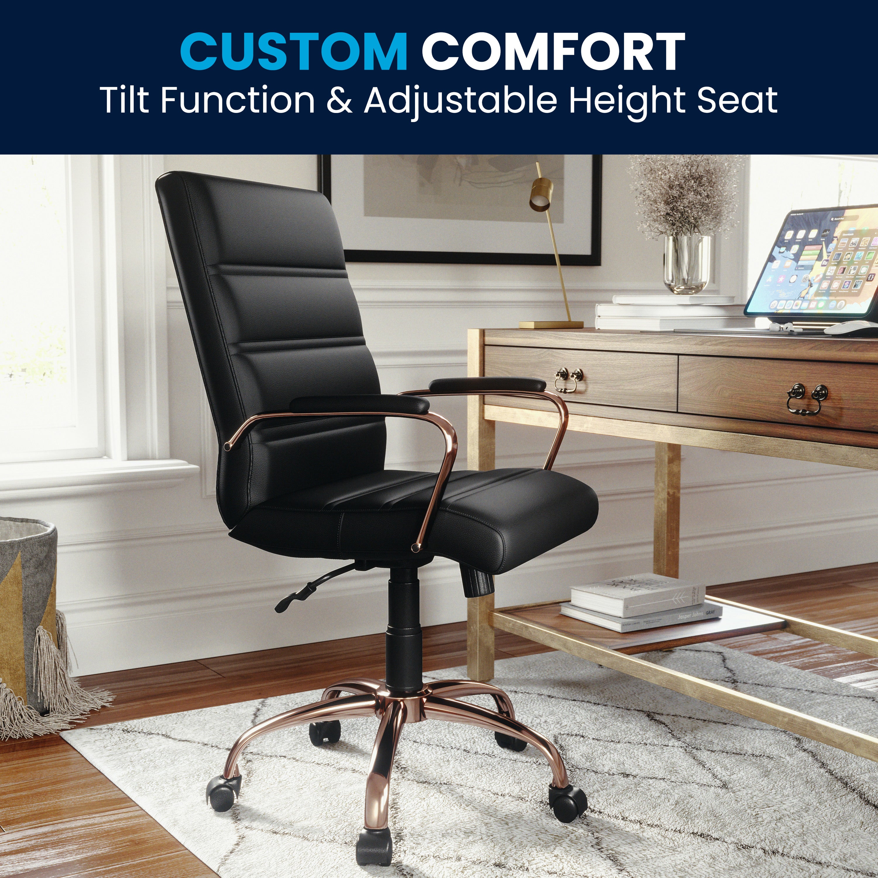 Whitney Mid-Back Black LeatherSoft Executive Swivel Office Chair with Rose Gold Frame and Arms