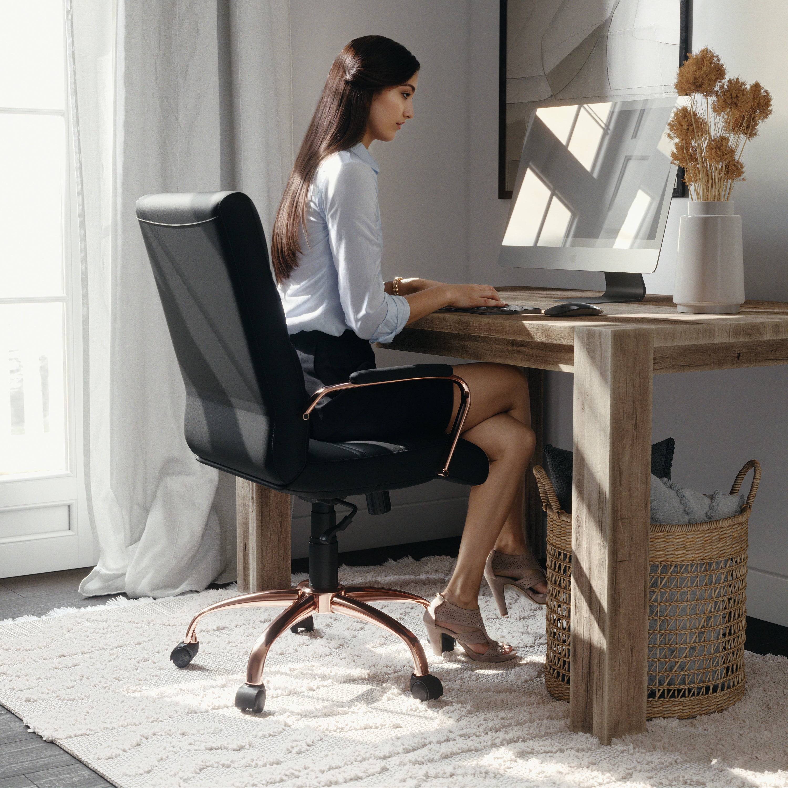 Whitney Mid-Back Black LeatherSoft Executive Swivel Office Chair with Rose Gold Frame and Arms