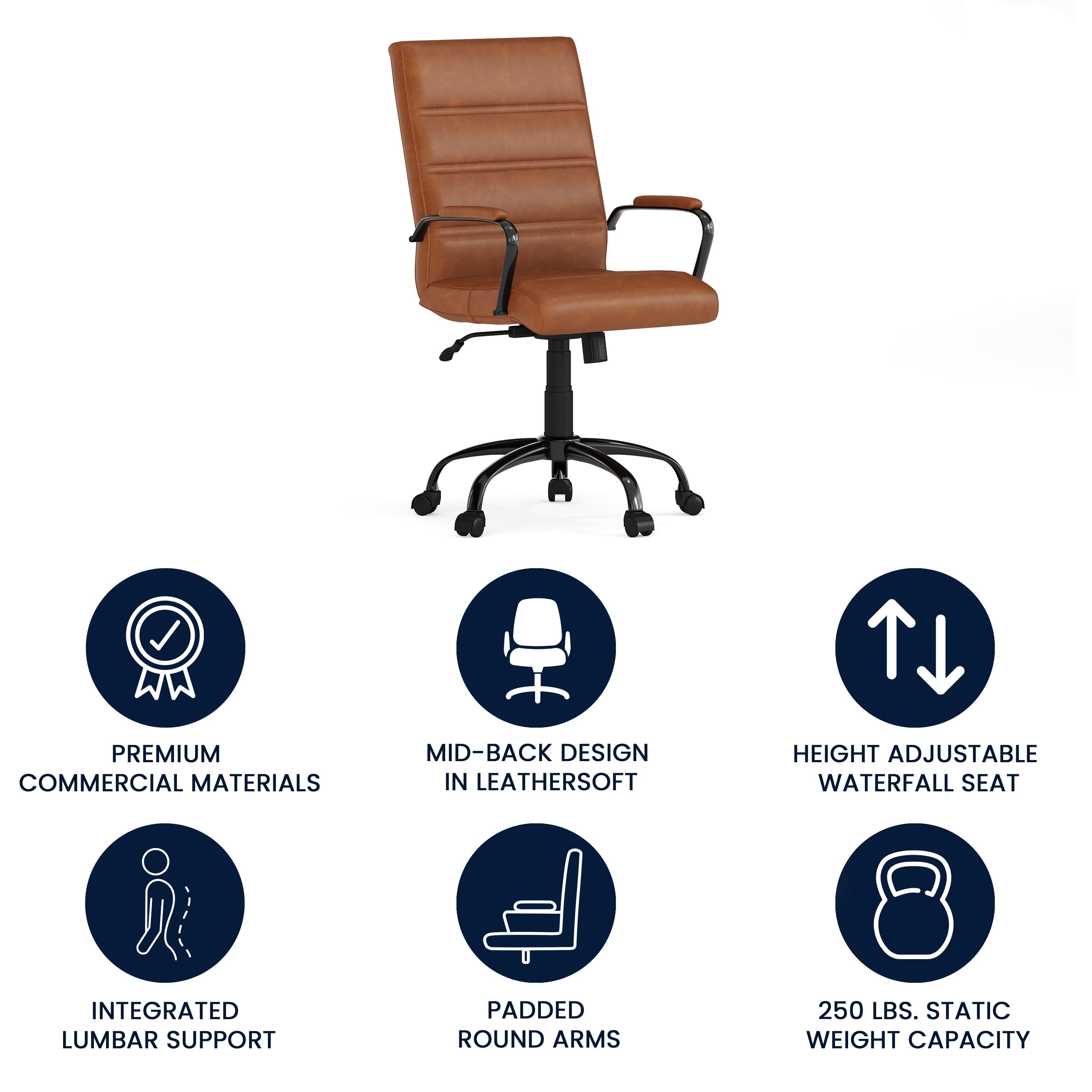 Whitney Mid-Back Brown LeatherSoft Executive Swivel Office Chair with Black Frame and Arms