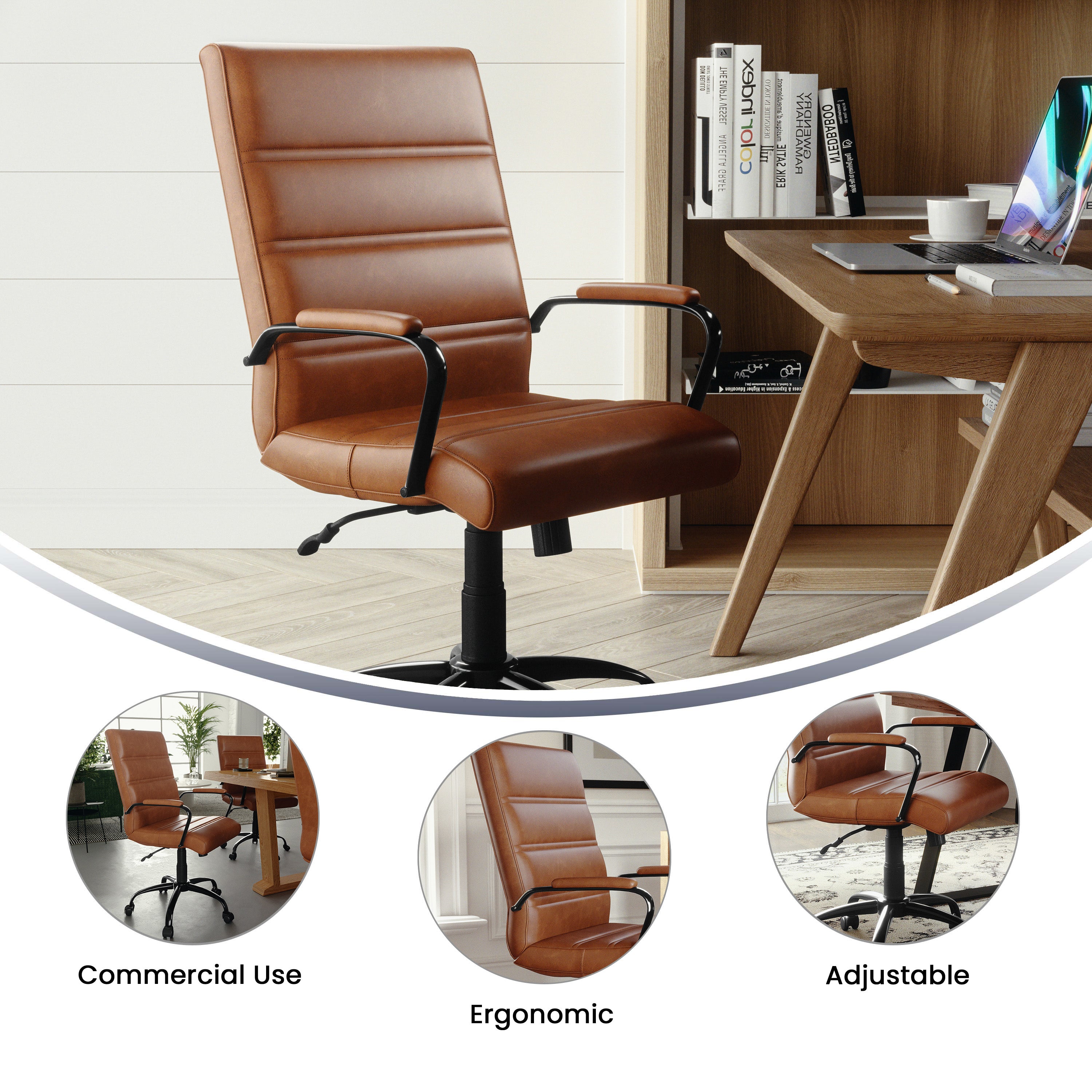 Whitney Mid-Back Brown LeatherSoft Executive Swivel Office Chair with Black Frame and Arms