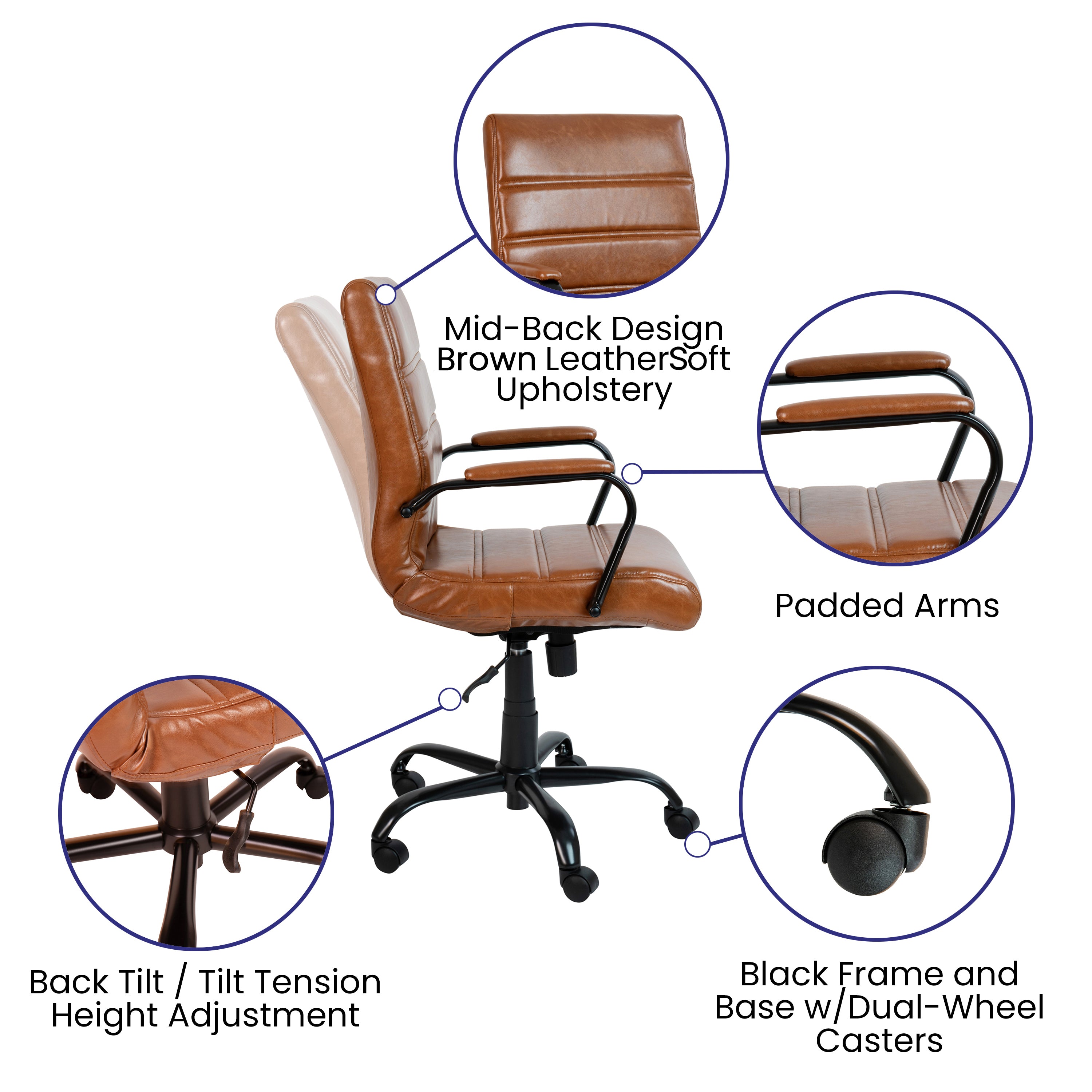Whitney Mid-Back Brown LeatherSoft Executive Swivel Office Chair with Black Frame and Arms