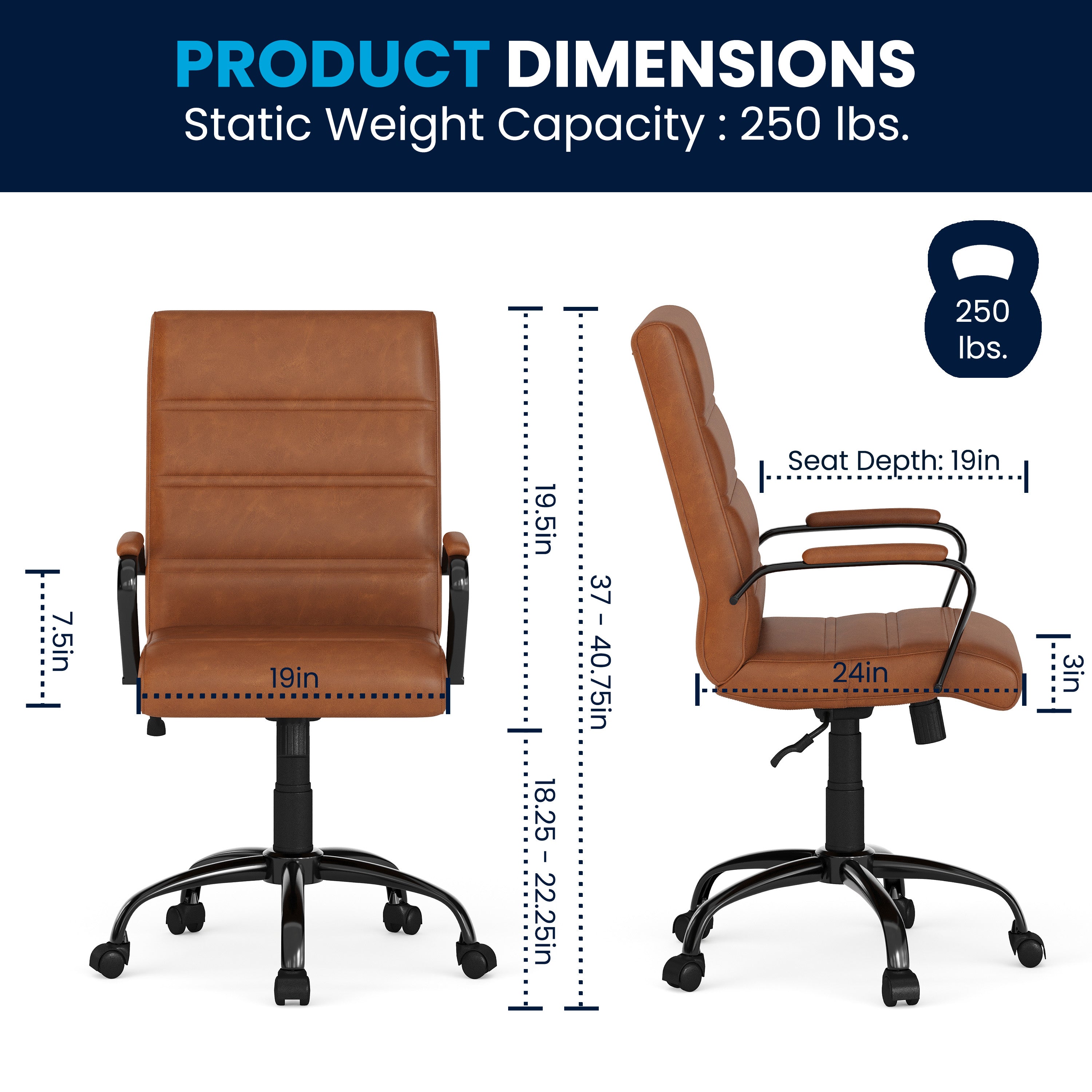 Whitney Mid-Back Brown LeatherSoft Executive Swivel Office Chair with Black Frame and Arms