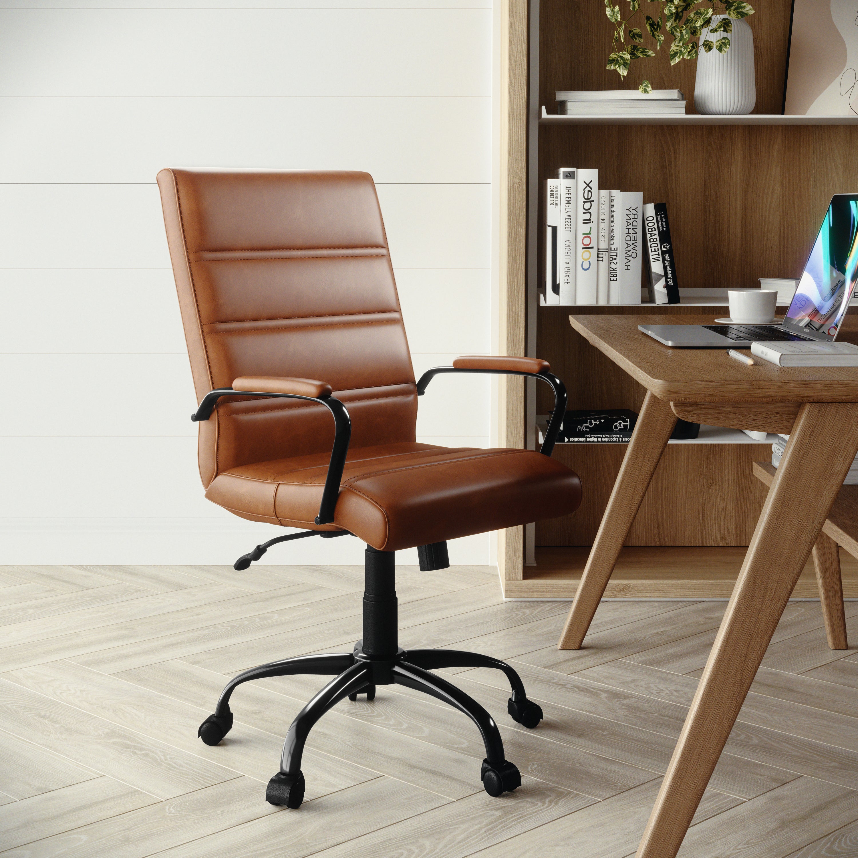 Whitney Mid-Back Brown LeatherSoft Executive Swivel Office Chair with Black Frame and Arms
