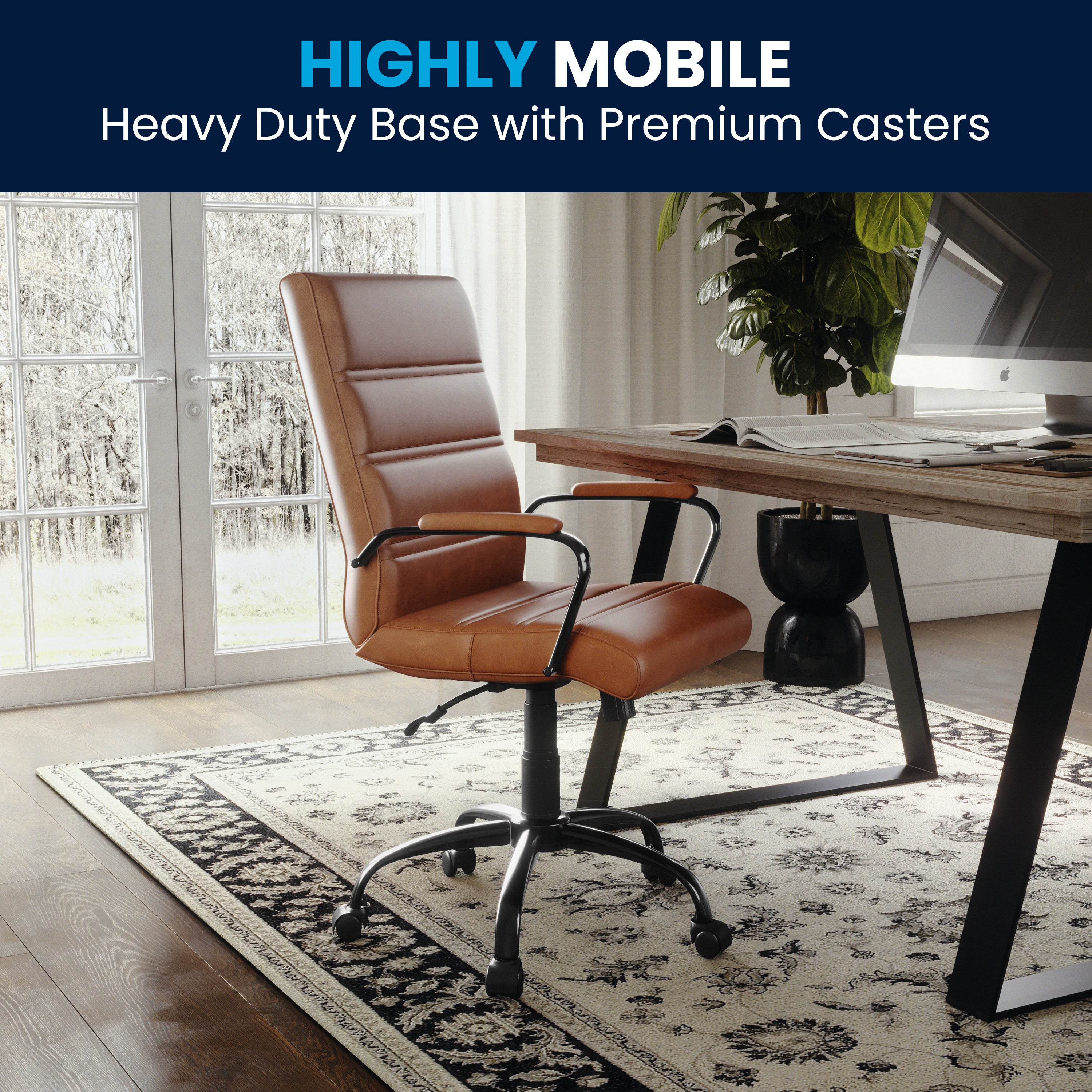 Whitney Mid-Back Brown LeatherSoft Executive Swivel Office Chair with Black Frame and Arms
