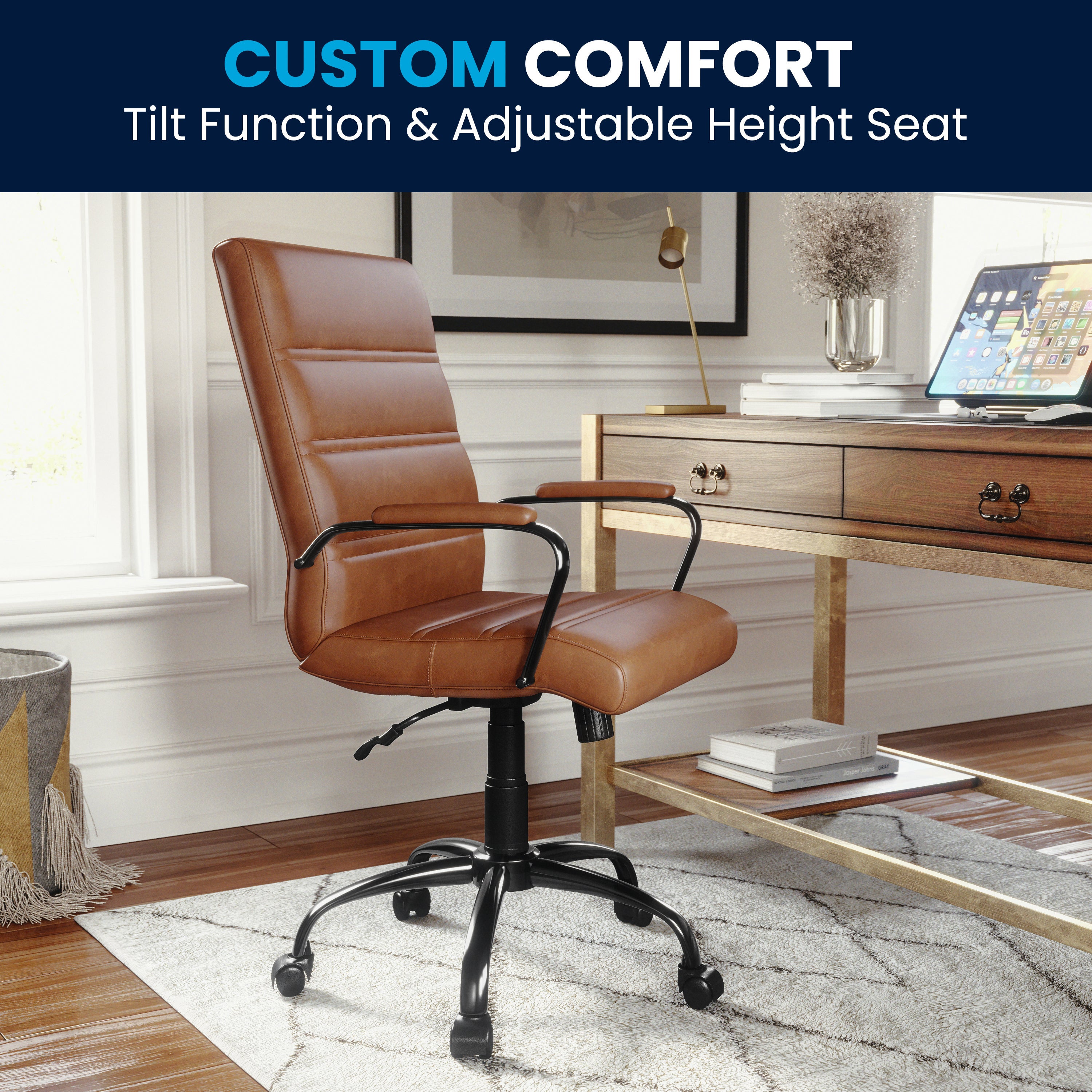 Whitney Mid-Back Brown LeatherSoft Executive Swivel Office Chair with Black Frame and Arms