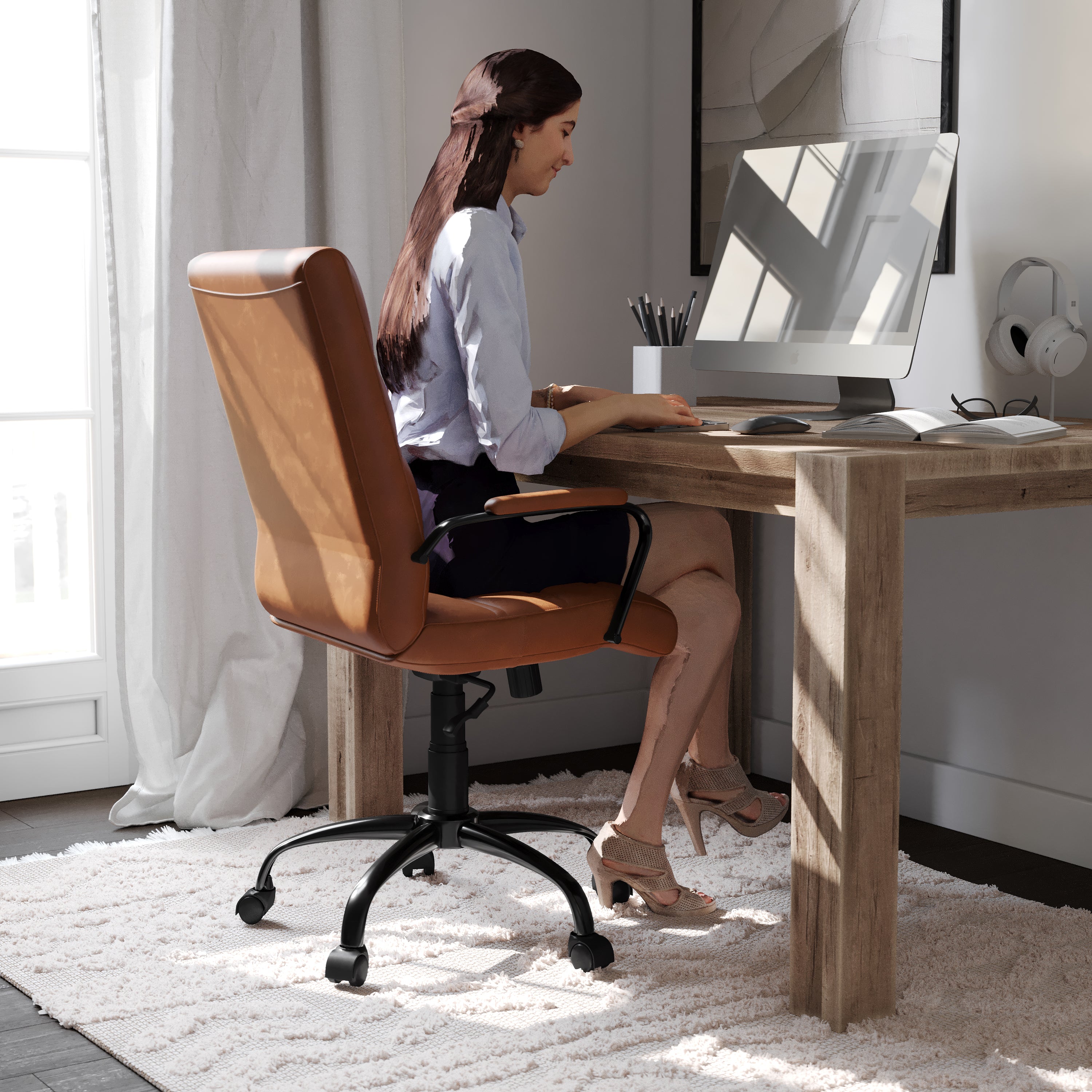 Whitney Mid-Back Brown LeatherSoft Executive Swivel Office Chair with Black Frame and Arms