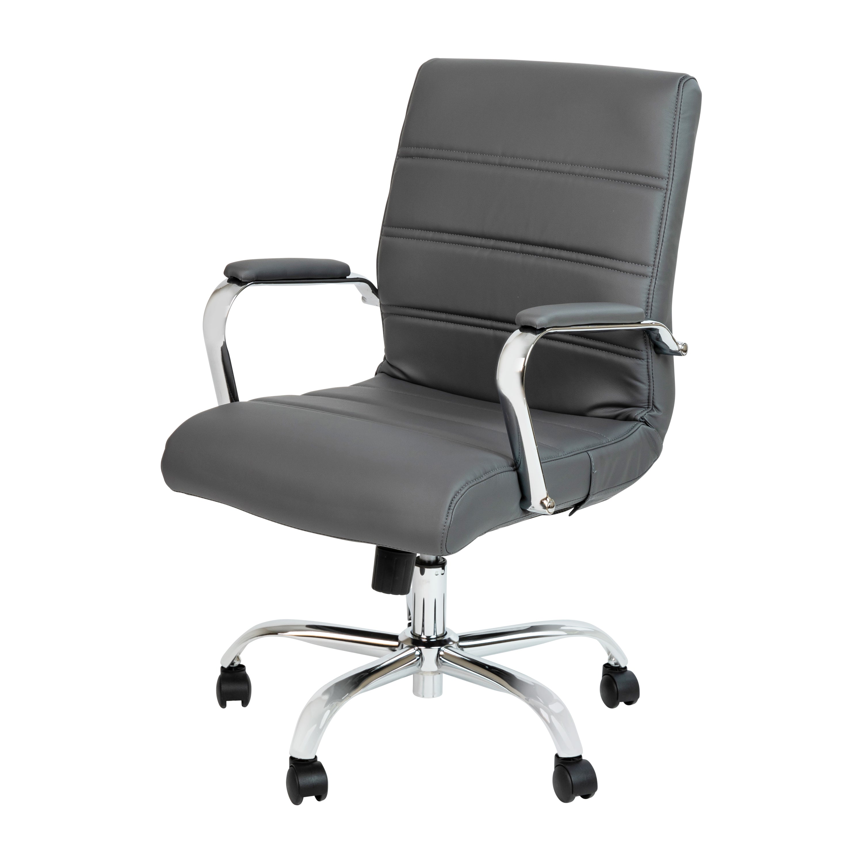 Whitney Mid-Back Gray LeatherSoft Executive Swivel Office Chair with Chrome Frame and Arms