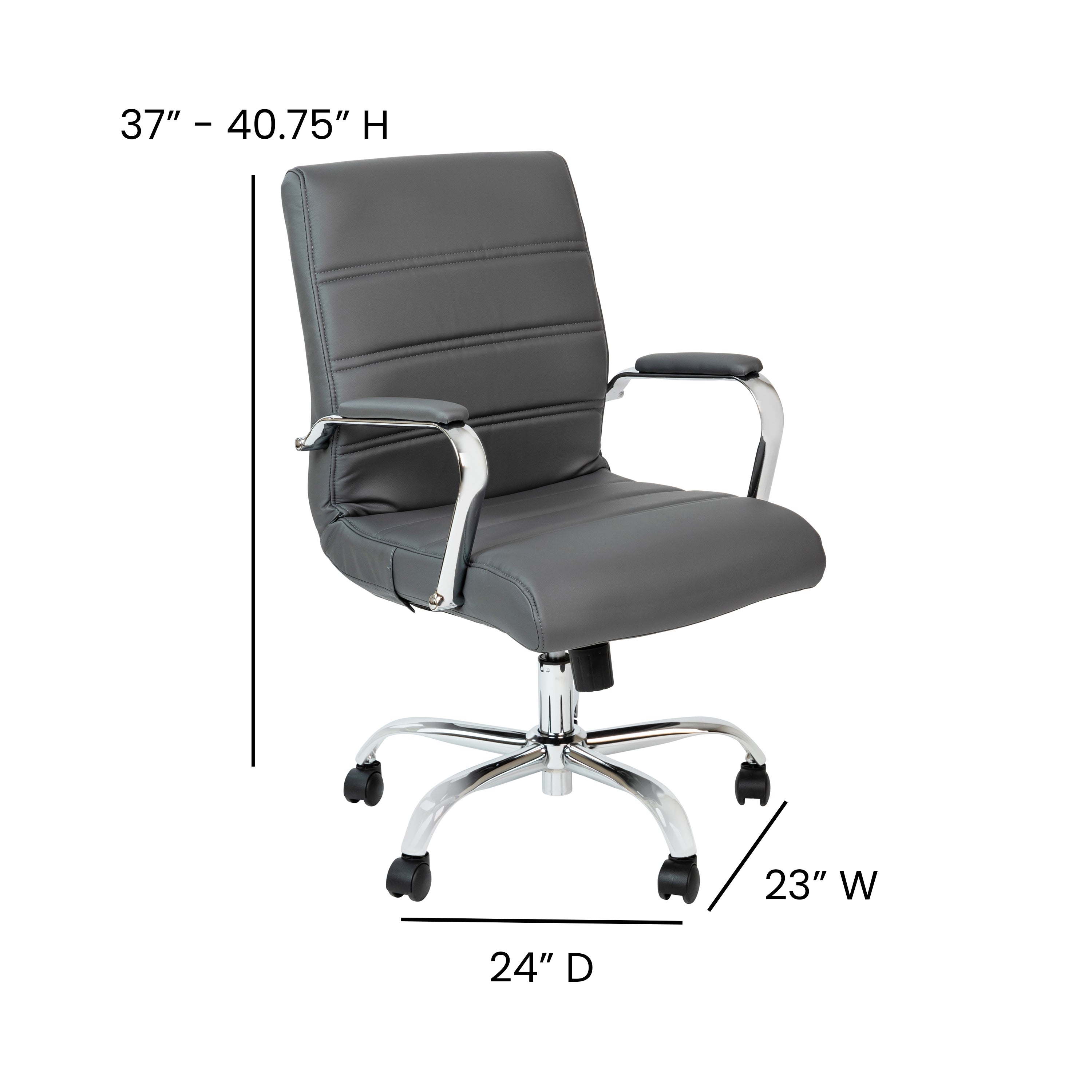 Whitney Mid-Back Gray LeatherSoft Executive Swivel Office Chair with Chrome Frame and Arms