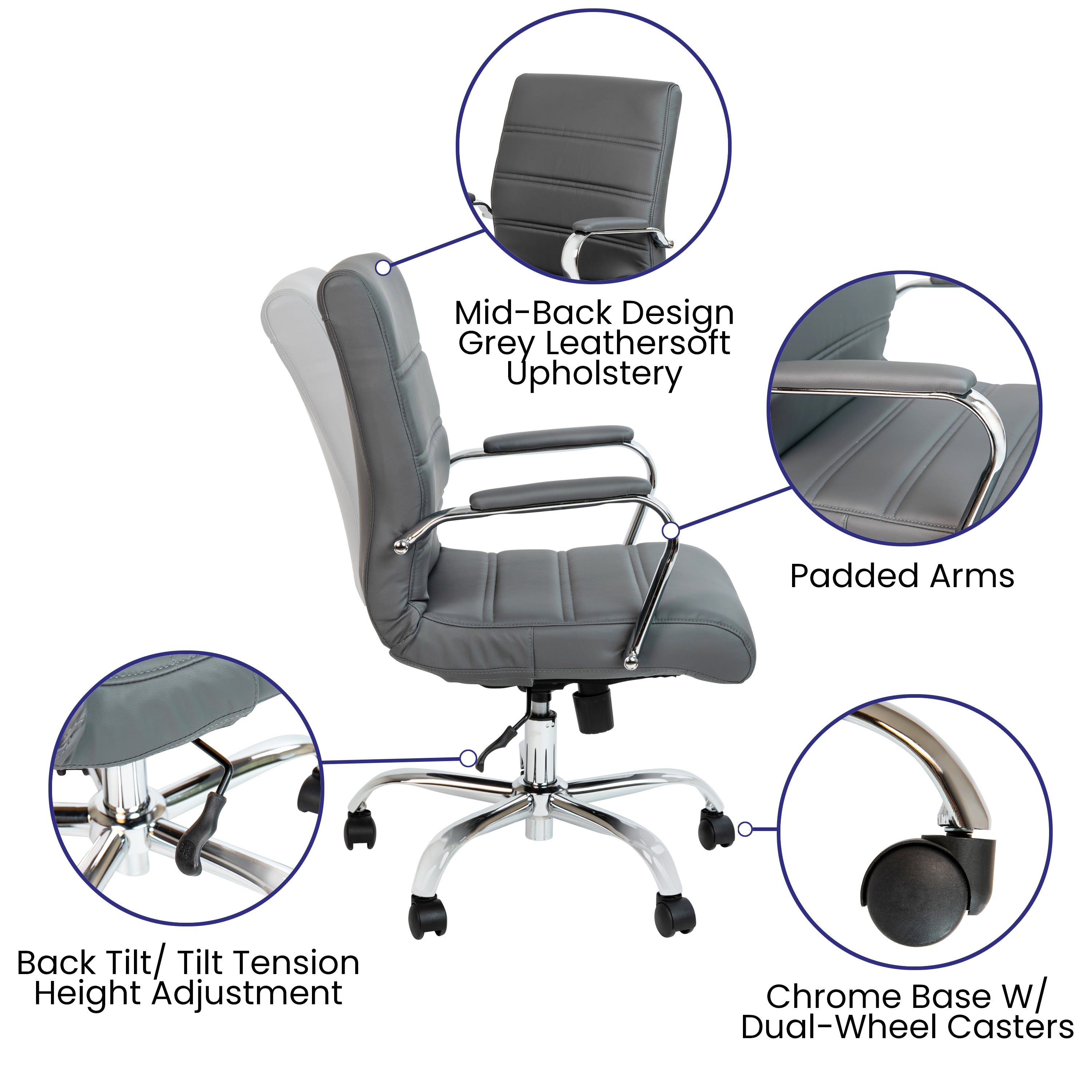 Whitney Mid-Back Gray LeatherSoft Executive Swivel Office Chair with Chrome Frame and Arms