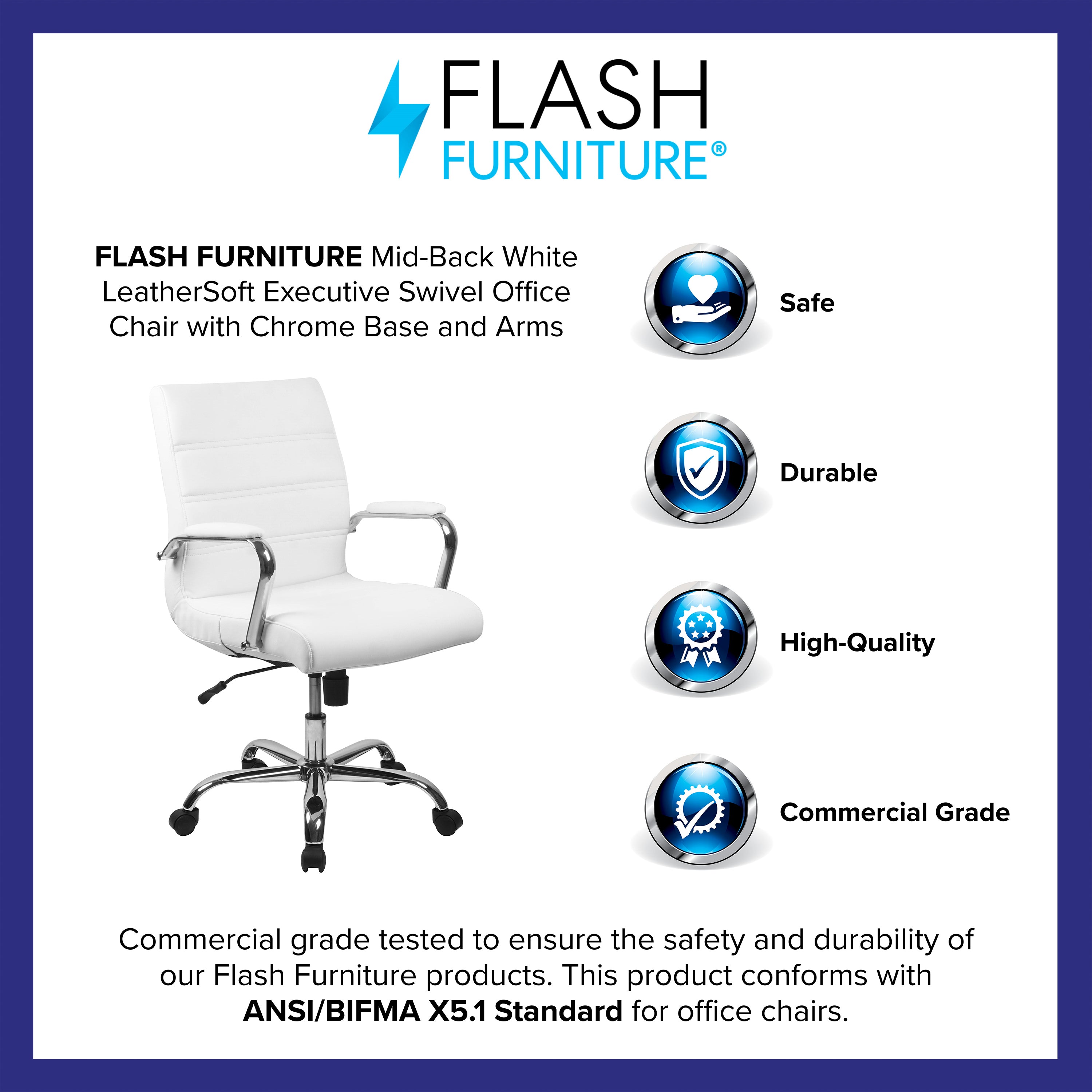 Whitney Mid-Back White LeatherSoft Executive Swivel Office Chair with Chrome Frame and Arms