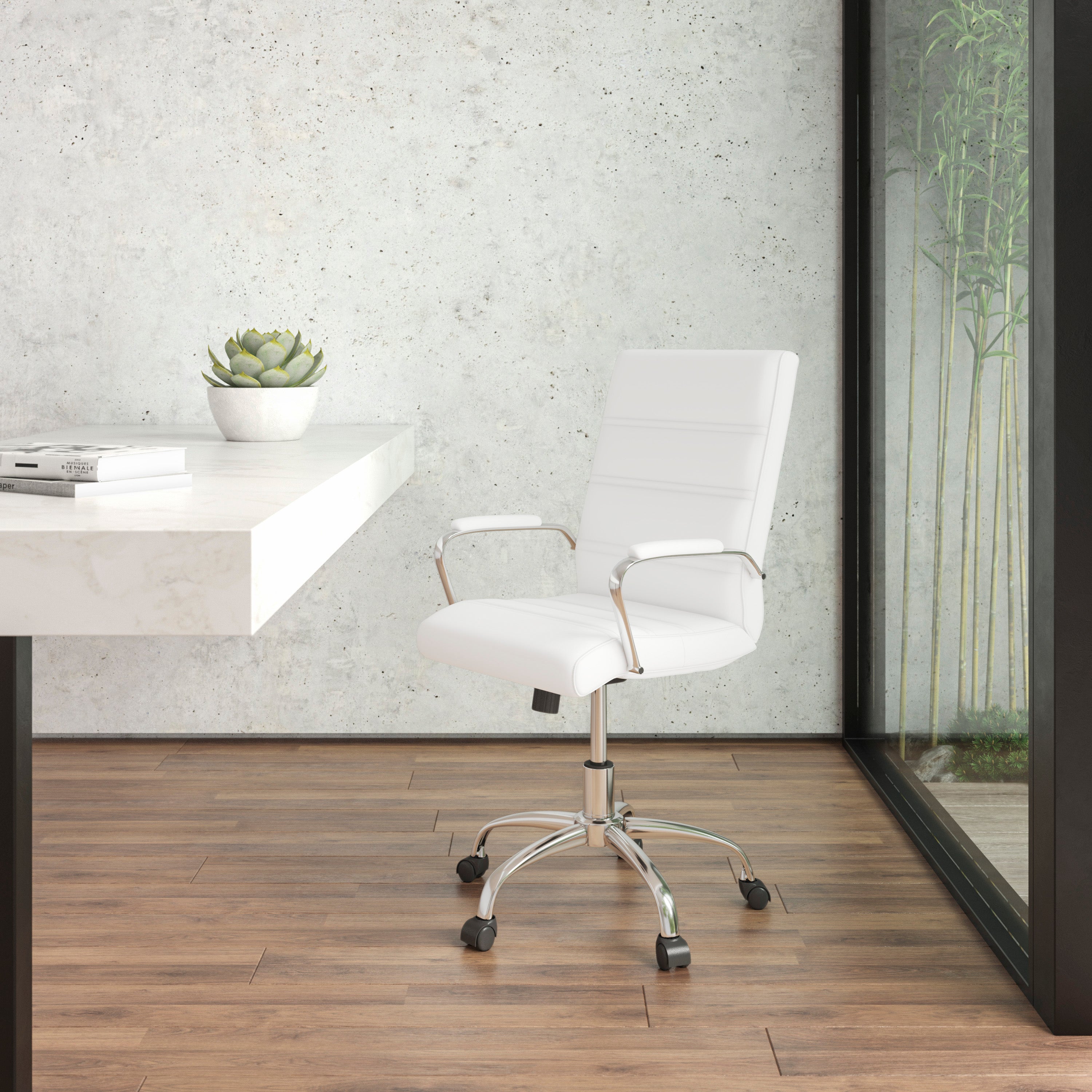 Whitney Mid-Back White LeatherSoft Executive Swivel Office Chair with Chrome Frame and Arms