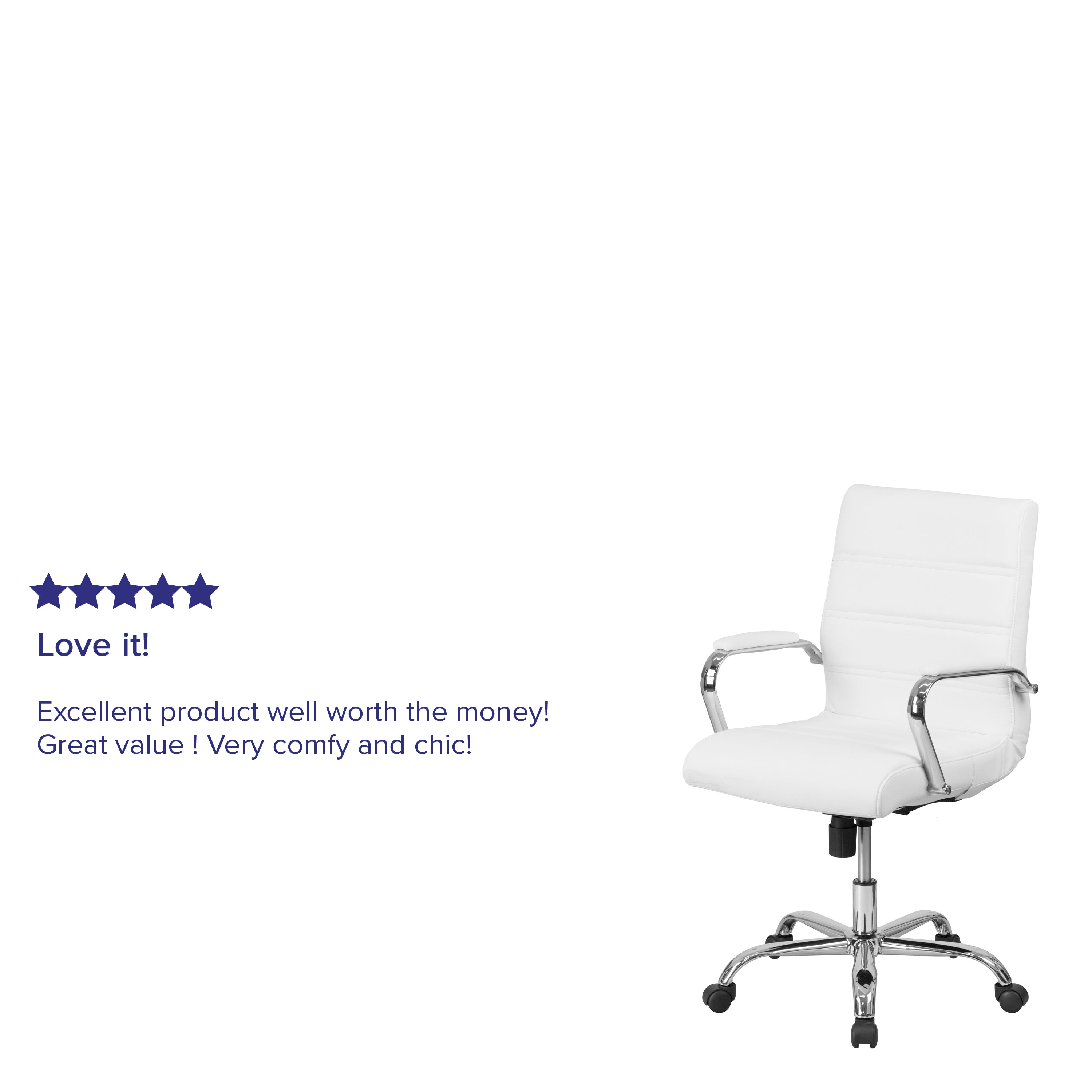 Whitney Mid-Back White LeatherSoft Executive Swivel Office Chair with Chrome Frame and Arms