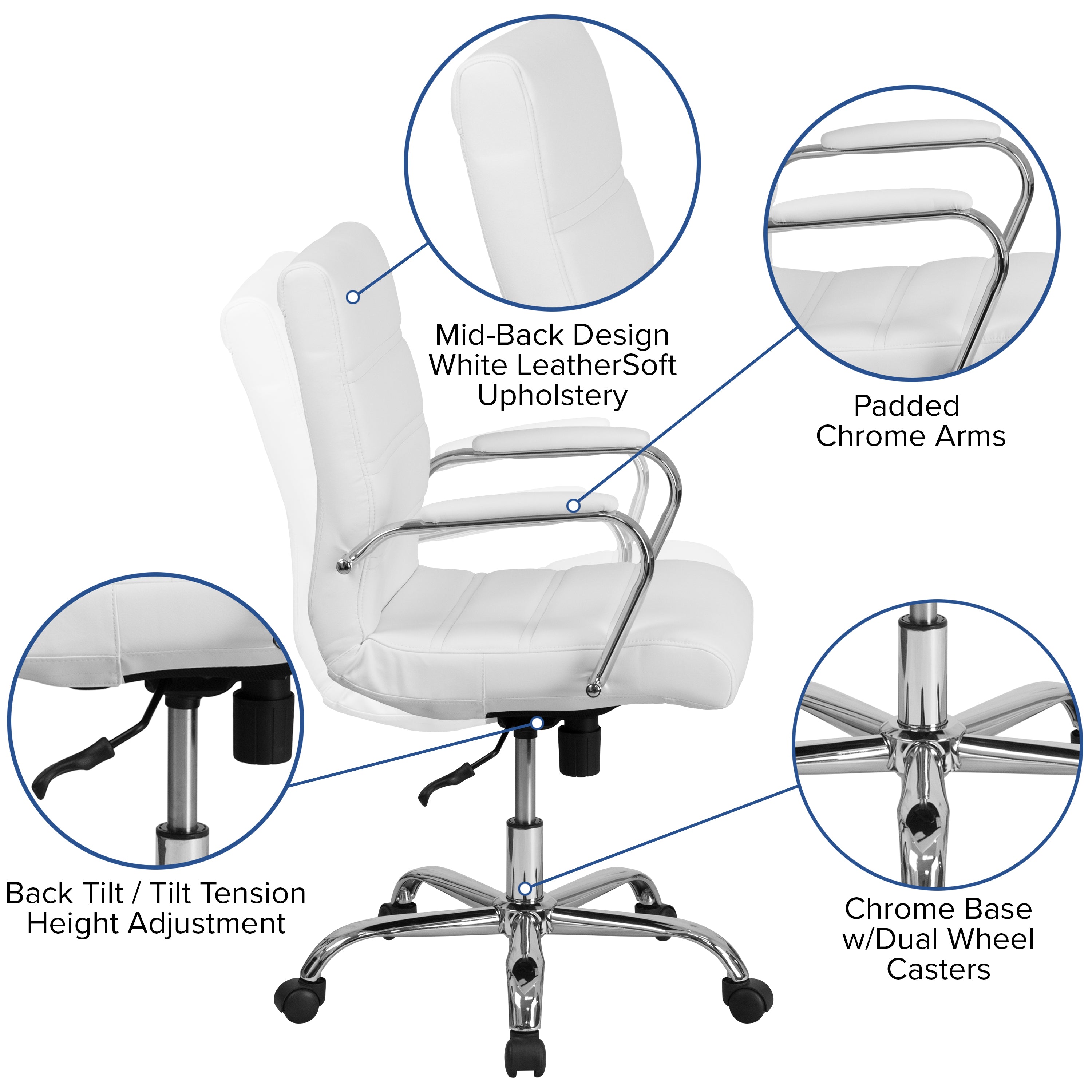 Whitney Mid-Back White LeatherSoft Executive Swivel Office Chair with Chrome Frame and Arms