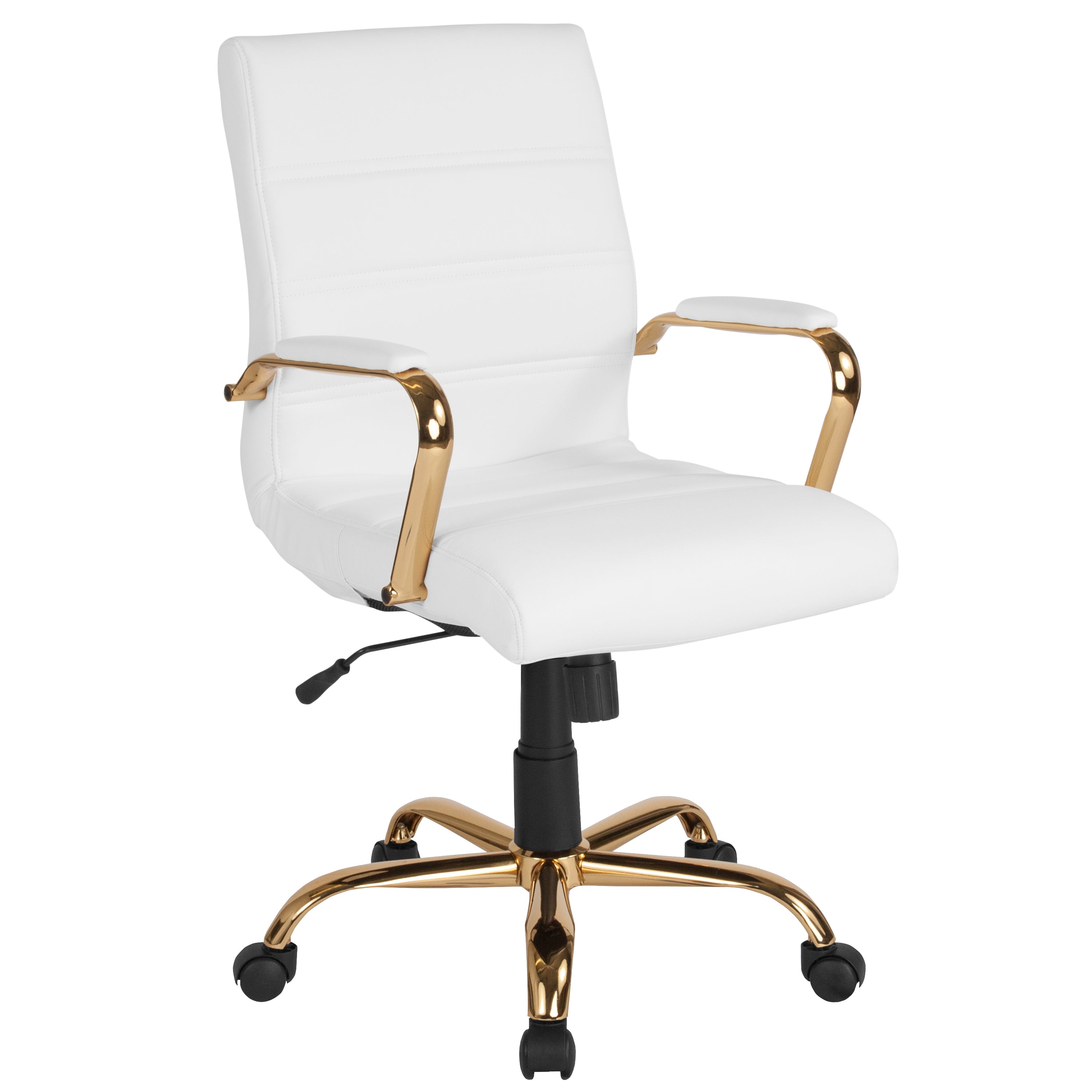 Whitney Mid-Back White LeatherSoft Executive Swivel Office Chair with Gold Frame and Arms