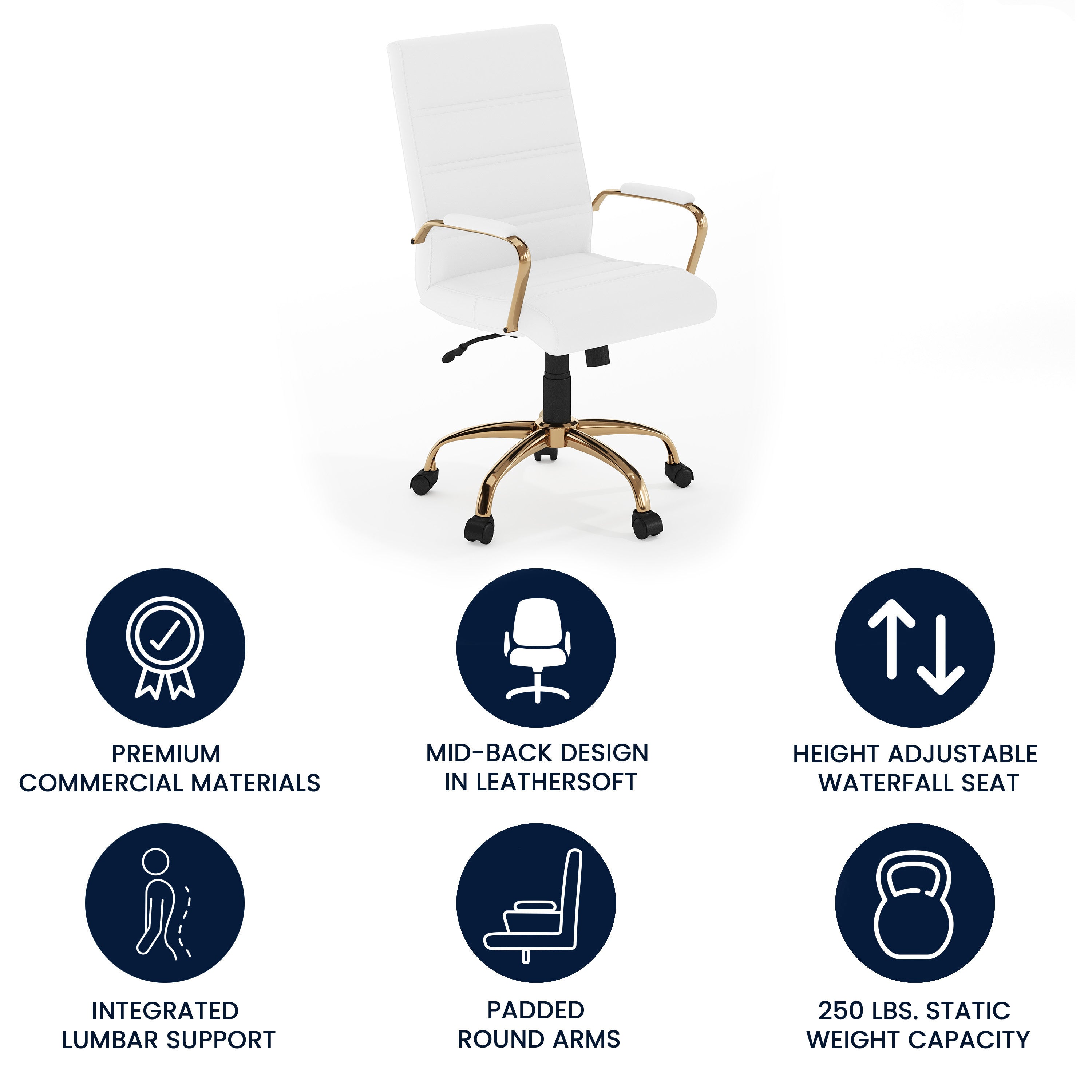 Whitney Mid-Back White LeatherSoft Executive Swivel Office Chair with Gold Frame and Arms
