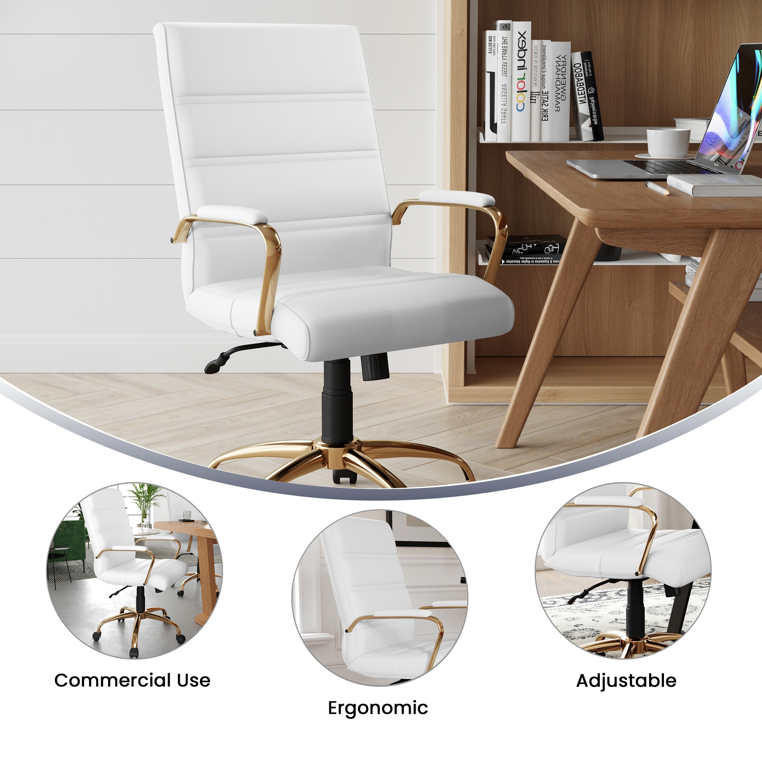 Whitney Mid-Back White LeatherSoft Executive Swivel Office Chair with Gold Frame and Arms