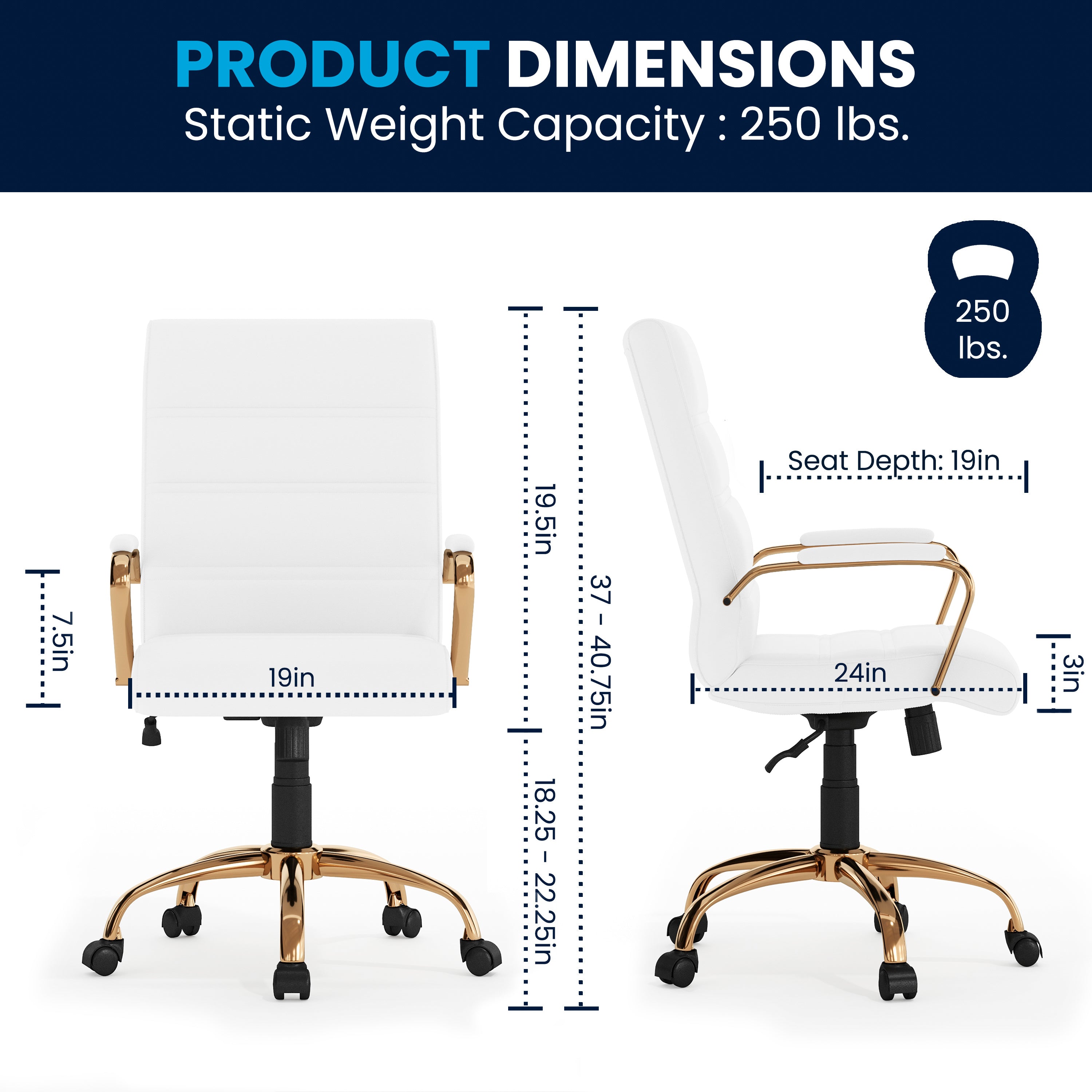 Whitney Mid-Back White LeatherSoft Executive Swivel Office Chair with Gold Frame and Arms