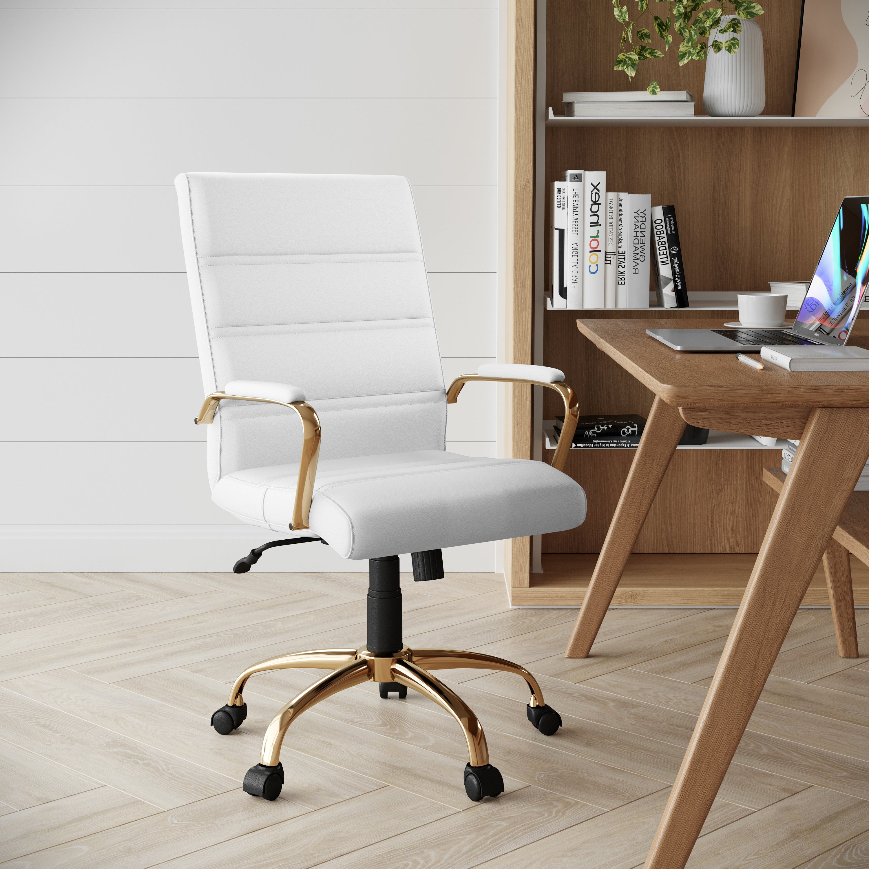 Whitney Mid-Back White LeatherSoft Executive Swivel Office Chair with Gold Frame and Arms