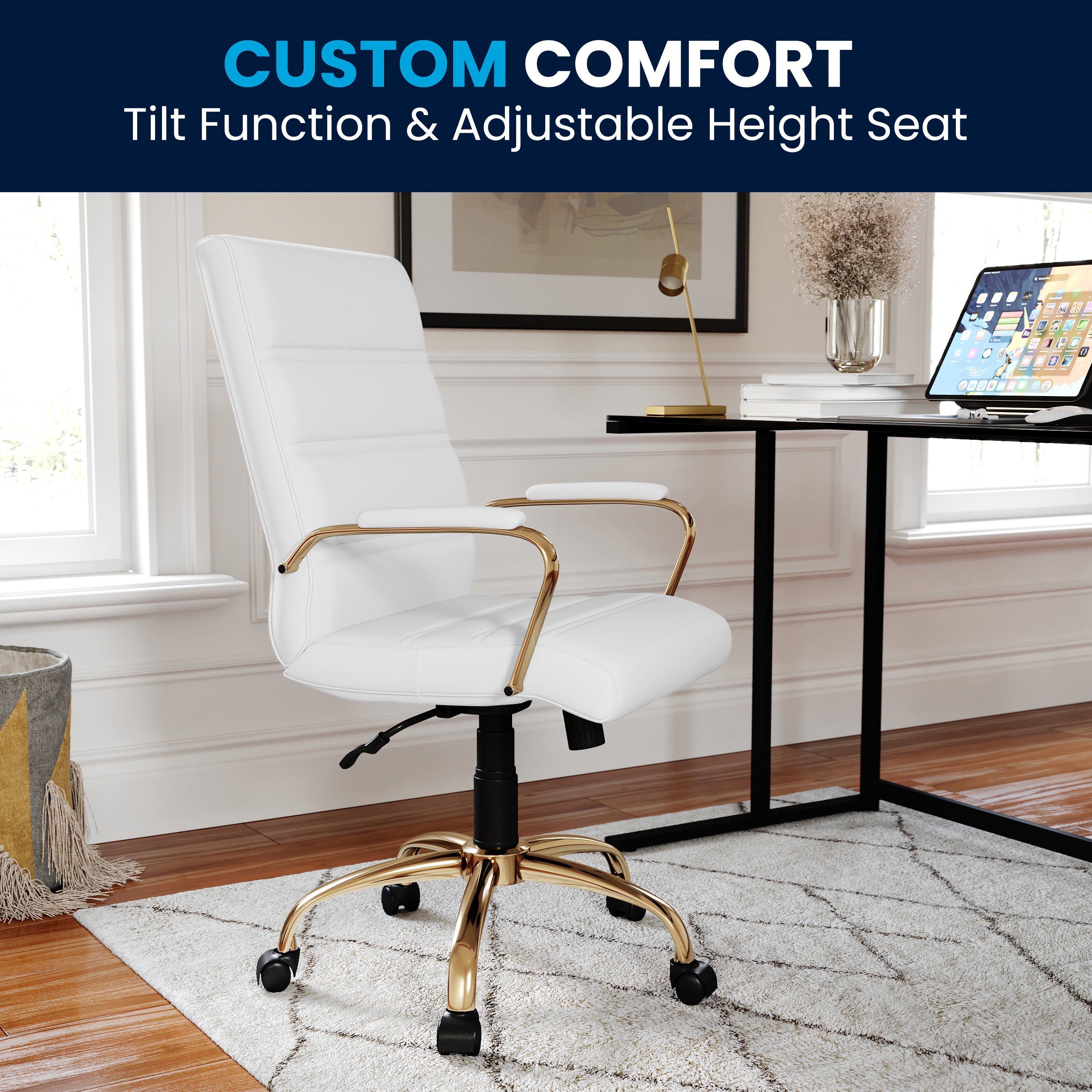 Whitney Mid-Back White LeatherSoft Executive Swivel Office Chair with Gold Frame and Arms