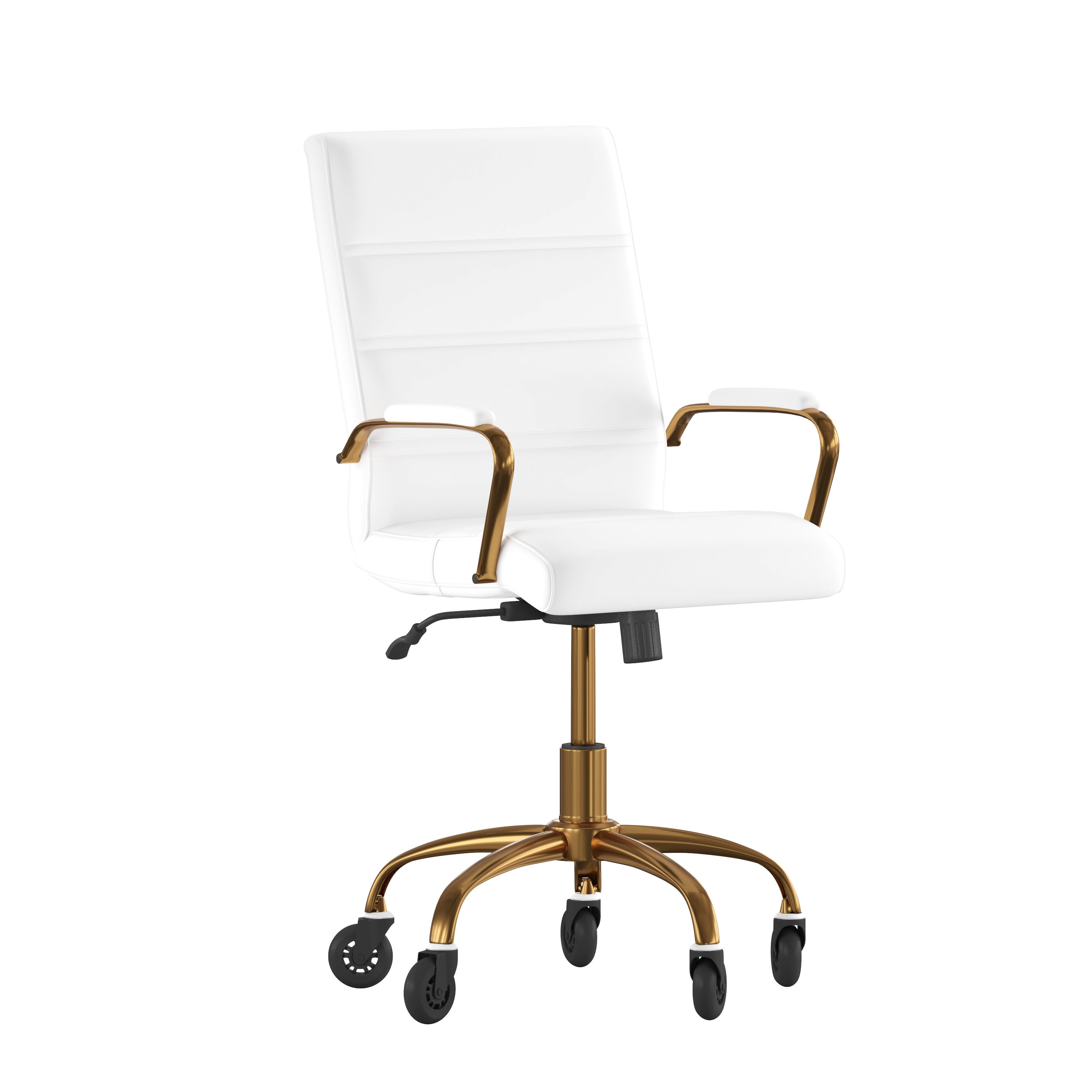 Camilia Mid-Back White LeatherSoft Executive Swivel Office Chair with Gold Frame, Arms, and Transparent Roller Wheels